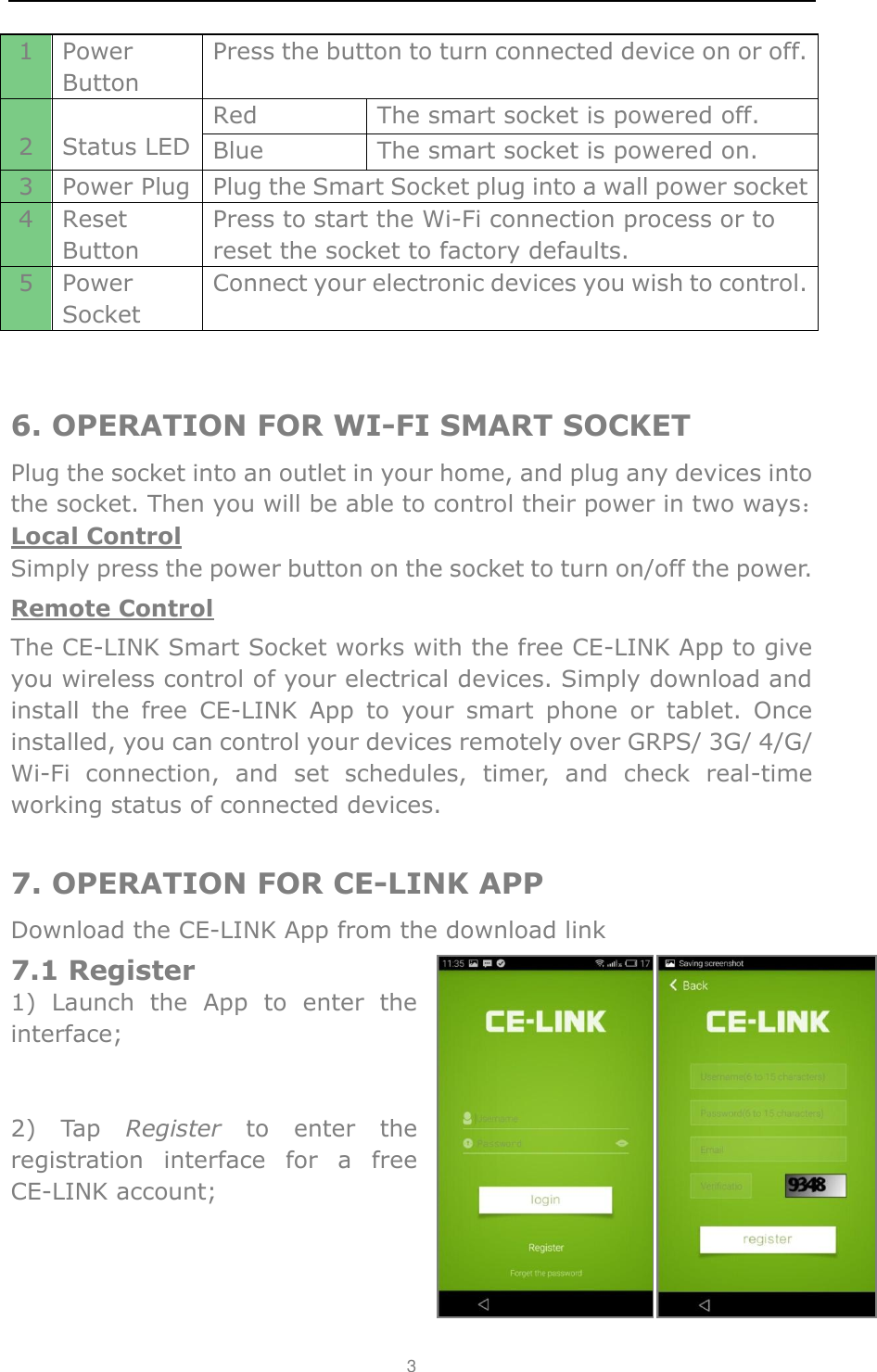                 3   6. OPERATION FOR WI-FI SMART SOCKET Plug the socket into an outlet in your home, and plug any devices into the socket. Then you will be able to control their power in two ways： Local Control Simply press the power button on the socket to turn on/off the power. Remote Control The CE-LINK Smart Socket works with the free CE-LINK App to give you wireless control of your electrical devices. Simply download and install  the  free  CE-LINK  App  to  your  smart  phone  or  tablet.  Once installed, you can control your devices remotely over GRPS/ 3G/ 4/G/ Wi-Fi  connection,  and  set  schedules,  timer,  and  check  real-time working status of connected devices.    7. OPERATION FOR CE-LINK APP Download the CE-LINK App from the download link 7.1 Register 1)  Launch  the  App  to  enter  the interface;     2)  Tap  Register  to  enter  the registration  interface  for  a  free CE-LINK account;                           1 Power Button Press the button to turn connected device on or off.  2  Status LED Red The smart socket is powered off.   Blue The smart socket is powered on. 3 Power Plug Plug the Smart Socket plug into a wall power socket 4 Reset Button Press to start the Wi-Fi connection process or to reset the socket to factory defaults. 5 Power Socket Connect your electronic devices you wish to control.   