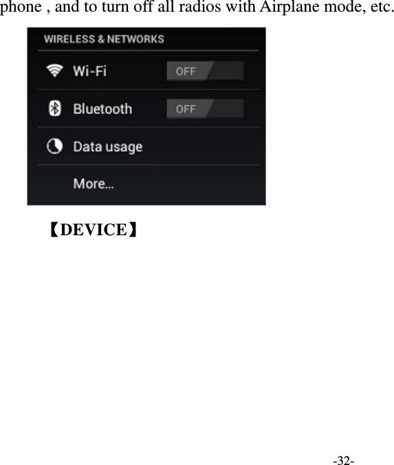   -32- phone , and to turn off all radios with Airplane mode, etc.       【DEVICE】 