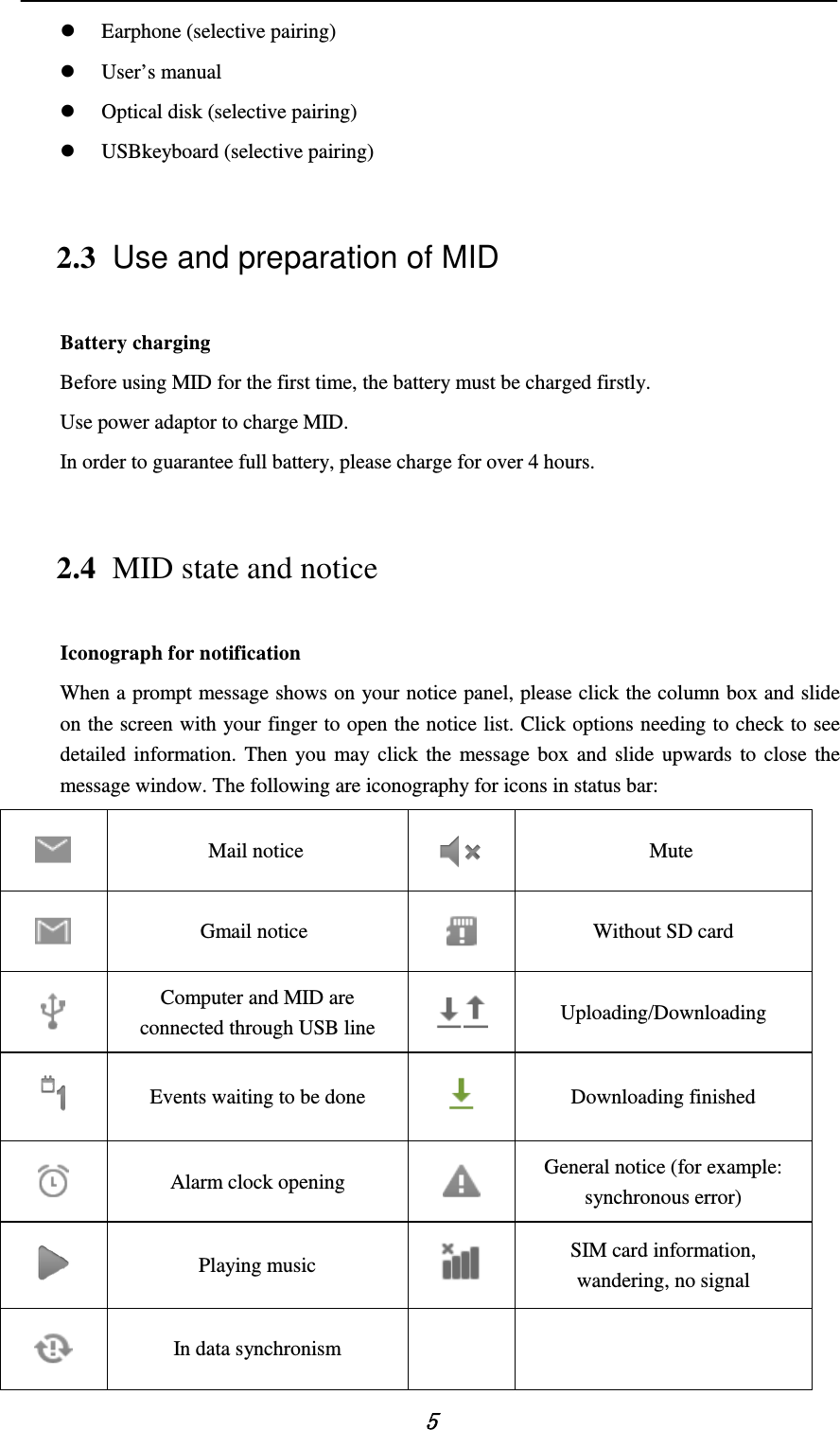   5  Earphone (selective pairing)  User’s manual  Optical disk (selective pairing)  USBkeyboard (selective pairing) 2.3 Use and preparation of MID Battery charging Before using MID for the first time, the battery must be charged firstly. Use power adaptor to charge MID. In order to guarantee full battery, please charge for over 4 hours. 2.4 MID state and notice Iconograph for notification When a prompt message shows on your notice panel, please click the column box and slide on the screen with your finger to open the notice list. Click options needing to check to see detailed information. Then you may click the message box and slide upwards to close the message window. The following are iconography for icons in status bar:  Mail notice  Mute  Gmail notice  Without SD card  Computer and MID are connected through USB line   Uploading/Downloading  Events waiting to be done   Downloading finished  Alarm clock opening  General notice (for example: synchronous error)  Playing music  SIM card information, wandering, no signal  In data synchronism    