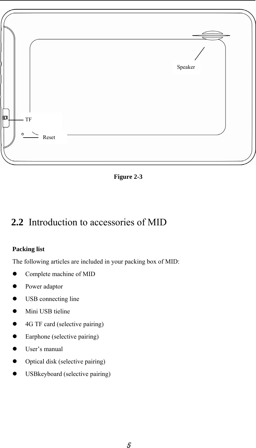     5  Figure 2-3  2.2 Introduction to accessories of MID Packing list The following articles are included in your packing box of MID: z Complete machine of MID z Power adaptor z USB connecting line z Mini USB tieline z 4G TF card (selective pairing) z Earphone (selective pairing) z User’s manual z Optical disk (selective pairing) z USBkeyboard (selective pairing) SpeakerTF Reset 