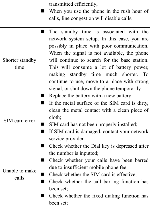 transmitted efficiently;  When you use the phone in the rush hour of calls, line congestion will disable calls. Shorter standby time  The standby time is associated with the network system setup. In this case, you are possibly in place with poor communication. When the signal is not available, the phone will continue to search for the base station. This will consume a lot of battery power, making standby time much shorter. To continue to use, move to a place with strong signal, or shut down the phone temporarily  Replace the battery with a new battery; SIM card error  If the metal surface of the SIM card is dirty, clean the metal contact with a clean piece of cloth;  SIM card has not been properly installed;  If SIM card is damaged, contact your network service provider. Unable to make calls  Check whether the Dial key is depressed after the number is inputted;  Check whether your calls have been barred due to insufficient mobile phone fee;  Check whether the SIM card is effective;  Check whether the call barring function has been set;  Check whether the fixed dialing function has been set;   