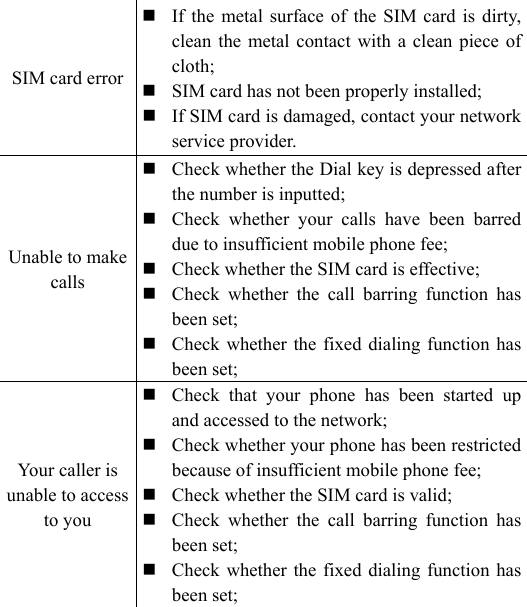SIM card error  If the metal surface of the SIM card is dirty, clean the metal contact with a clean piece of cloth;  SIM card has not been properly installed;  If SIM card is damaged, contact your network service provider. Unable to make calls  Check whether the Dial key is depressed after the number is inputted;  Check whether your calls have been barred due to insufficient mobile phone fee;  Check whether the SIM card is effective;  Check whether the call barring function has been set;  Check whether the fixed dialing function has been set;   Your caller is unable to access to you  Check that your phone has been started up and accessed to the network;  Check whether your phone has been restricted because of insufficient mobile phone fee;  Check whether the SIM card is valid;  Check whether the call barring function has been set;  Check whether the fixed dialing function has been set; 