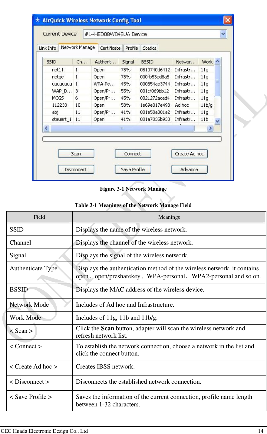  CEC Huada Electronic Design Co., Ltd                                                      14  Figure 3-1 Network Manage Table 3-1 Meanings of the Network Manage Field Field   Meanings SSID  Displays the name of the wireless network.  Channel  Displays the channel of the wireless network. Signal  Displays the signal of the wireless network.  Authenticate Type  Displays the authentication method of the wireless network, it contains open、open/presharekey、WPA-personal、WPA2-personal and so on. BSSID  Displays the MAC address of the wireless device. Network Mode   Includes of Ad hoc and Infrastructure. Work Mode  Includes of 11g, 11b and 11b/g. &lt; Scan &gt;   Click the Scan button, adapter will scan the wireless network and refresh network list.  &lt; Connect &gt;   To establish the network connection, choose a network in the list and click the connect button. &lt; Create Ad hoc &gt;   Creates IBSS network. &lt; Disconnect &gt;   Disconnects the established network connection. &lt; Save Profile &gt;   Saves the information of the current connection, profile name length between 1-32 characters. 