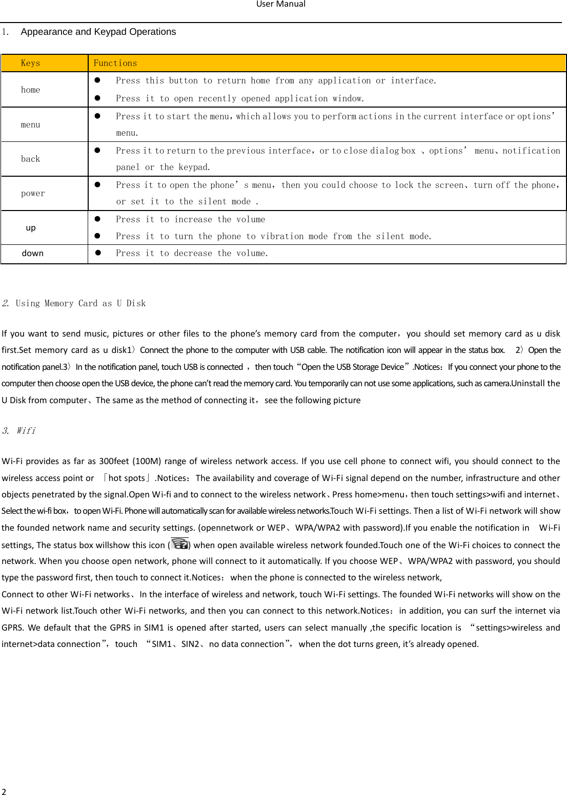 User Manual  2 1. Appearance and Keypad Operations Keys Functions home  Press this button to return home from any application or interface.  Press it to open recently opened application window. menu  Press it to start the menu，which allows you to perform actions in the current interface or options’ menu. back  Press it to return to the previous interface，or to close dialog box  、options’ menu、notification panel or the keypad. power  Press it to open the phone’s menu，then you could choose to lock the screen、turn off the phone，or set it to the silent mode . up  Press it to increase the volume  Press it to turn the phone to vibration mode from the silent mode. down  Press it to decrease the volume.  2. Using Memory Card as U Disk If you want to send music, pictures or other files to the phone’s memory card from the computer，you should set memory card as u disk first.Set memory card as u disk1〉Connect the phone to the computer with USB cable. The notification icon will appear in the status box.   2〉Open the notification panel.3〉In the notification panel, touch USB is connected  ，then touch“Open the USB Storage Device”.Notices：If you connect your phone to the computer then choose open the USB device, the phone can’t read the memory card. You temporarily can not use some applications, such as camera.Uninstall the U Disk from computer、The same as the method of connecting it，see the following picture 3. Wifi Wi-Fi provides as far as 300feet (100M) range of wireless network access. If you use cell phone to connect wifi, you should connect to the wireless access point or  「hot spots」.Notices：The availability and coverage of Wi-Fi signal depend on the number, infrastructure and other objects penetrated by the signal.Open Wi-fi and to connect to the wireless network、Press home&gt;menu，then touch settings&gt;wifi and internet、Select the wi-fi box，to open Wi-Fi. Phone will automatically scan for available wireless networks.Touch Wi-Fi settings. Then a list of Wi-Fi network will show the founded network name and security settings. (opennetwork or WEP、WPA/WPA2 with password).If you enable the notification in   Wi-Fi settings, The status box willshow this icon () when open available wireless network founded.Touch one of the Wi-Fi choices to connect the network. When you choose open network, phone will connect to it automatically. If you choose WEP、WPA/WPA2 with password, you should type the password first, then touch to connect it.Notices：when the phone is connected to the wireless network, Connect to other Wi-Fi networks、In the interface of wireless and network, touch Wi-Fi settings. The founded Wi-Fi networks will show on the Wi-Fi network list.Touch other Wi-Fi networks, and then you can connect to this network.Notices：in addition, you can surf the internet via GPRS. We default that the GPRS in SIM1 is opened after started, users can select manually ,the specific location is  “settings&gt;wireless and internet&gt;data connection”， touch  “SIM1、SIN2、no data connection”， when the dot turns green, it’s already opened. 