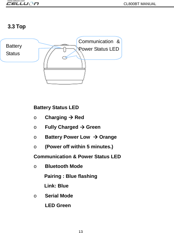 CL800BT MANUAL 13 3.3 Top     Battery Status LED o Charging Æ Red       o Fully Charged Æ Green    o Battery Power Low  Æ Orange  o (Power off within 5 minutes.)   Communication &amp; Power Status LED o Bluetooth Mode   Pairing : Blue flashing Link: Blue   o Serial Mode          LED Green  Communication &amp;Power Status LEDBattery Status 