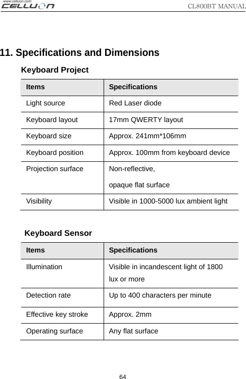 CL800BT MANUAL 64 11. Specifications and Dimensions Keyboard Project Items  Specifications Light source  Red Laser diode Keyboard layout  17mm QWERTY layout Keyboard size  Approx. 241mm*106mm Keyboard position  Approx. 100mm from keyboard device Projection surface  Non-reflective,  opaque flat surface Visibility  Visible in 1000-5000 lux ambient light    Keyboard Sensor Items  Specifications Illumination  Visible in incandescent light of 1800 lux or more Detection rate  Up to 400 characters per minute Effective key stroke  Approx. 2mm Operating surface  Any flat surface 