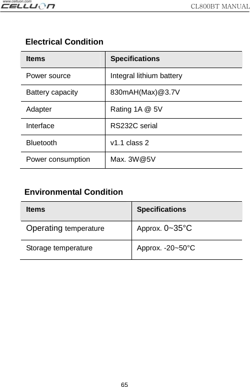 CL800BT MANUAL 65     Electrical Condition  Items  Specifications Power source   Integral lithium battery   Battery capacity  830mAH(Max)@3.7V Adapter  Rating 1A @ 5V Interface RS232C serial Bluetooth  v1.1 class 2 Power consumption  Max. 3W@5V      Environmental Condition Items  Specifications Operating temperature Approx. 0~35°C Storage temperature  Approx. -20~50°C  