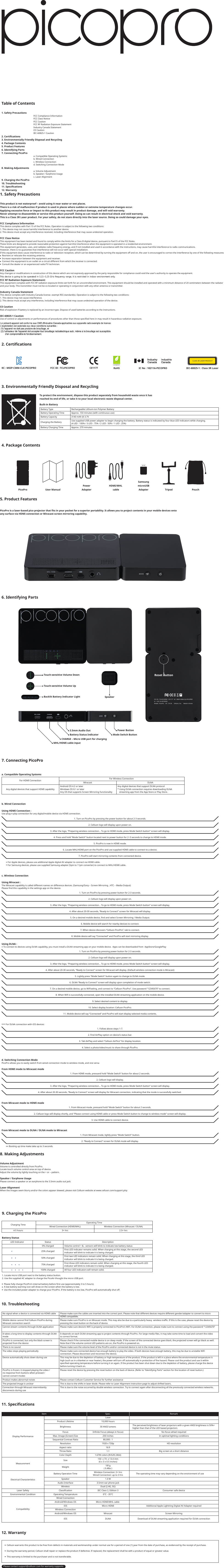 1. Safety PrecautionsThis product is not waterproof – avoid using it near water or wet places.There is a risk of malfunction if product is used in places where sudden or extreme temperature changes occur.Applying excessive force or impact to this product may result in product damage, and will void warranty.Never attempt to disassemble or service this product yourself. Doing so can result in electrical shock and void warranty.This is a Class 3R Laser product. For your safety, do not stare directly into the laser source. Doing so could damage your eyes.FCC Compliance InformationThis device complies with Part 15 of the FCC Rules. Operation is subject to the following two conditions:1. This device may not cause harmful interference to another device.2. This device must accept any interference received, including interference that may cause undesired operation.FCC Class NoticeThis equipment has been tested and found to comply within the limits for a Class B digital device, pursuant to Part15 of the FCC Rules.These limits are designed to provide reasonable protection against harmful interference when the equipment is operated in a residential environment.This equipment generates, uses, and radiates radio frequency energy, and if not installed and used in accordance with the instructions, may cause harmful interference to radio communications. However, there is no guarantee that interference will not occur with special installation.If this equipment does cause interference to radio or television reception, which can be determined by turning the equipment off and on, the user is encouraged to correct the interference by one of the following measures:■  Reorient or relocate the receiving antenna.■  Increase separation between the equipment and receiver.■  Connect the equipment to an outlet on a circuit different from which the receiver is connected.■  Consult the dealer or an experienced radio/TV technician.FCC CautionAny changes or modifications in construction of this device which are not expressly approved by the party responsible for compliance could void the user’s authority to operate the equipment.FCC RF Radiation Exposure Statement:This equipment complies with FCC RF radiation exposure limits set forth for an uncontrolled environment. This equipment should be installed and operated with a minimum distance of 20 centimeters between the radiator and your body. This transmitter must not be co-located or operating in conjunction with any other antenna or transmitter.Industry Canada StatementThis device complies with Industry Canada license- exempt RSS standard(s). Operation is subject to the following two conditions:1. This device may not cause interference.2. This device must accept any interference, including interference that may cause undesired operation of the device.CE CautionRisk of explosion if battery is replaced by an incorrect type. Dispose of used batteries according to the instructions.IEC-60825-1 CautionUse of control or adjustments or performances of procedures other than those specified here in may result in hazardous radiation exposure.8. Making AdjustmentsVolume AdjustmentVolume is controlled directly from PicoPro.Locate touch volume control area on top of device. Adjust the volume by lightly touching on the + or – pattern.Speaker / Earphone UsagePlease connect a speaker or an earphone to the 3.5mm audio out jack. Laser AlignmentWhen the images seem blurry and/or the colors appear skewed, please visit Celluon website at www.celluon.com/support.php5. Product FeaturesPicoPro is a laser-based pico projector that fits in your pocket for a superior portability. It allows you to project contents in your mobile devices onto any surface via HDMI connection or Miracast screen mirroring capability. 6. Identifying PartsTouch-sensitive Volume UpTouch-sensitive Volume DownBacklit Battery Indicator Light SpeakerMHL/HDMI cable input3.5mm Audio OutBattery Status IndicatorCHARGE – Micro USB port for chargingPower ButtonMode Switch ButtonReset ButtonFCC ID : TCLPICOPRO   CE1177   KC : MSIP-CMM-CLK-PICOPROIC : 10211A-PICOPROModel : PicoPro    DC : 5V 2A     Celluon, Inc.     Made in Korea4. Package ContentsPicoPro User ManualPowerAdapterHDMI/MHL cableSamsungmicroUSBAdapter Tripod PouchThe perceived brightness of laser projectors with a given ANSI brightness is 50%+ higher than that of the LED based projectorsBrightness150  x 73  x 13.4 mm(6 x 3 x 0.5 inches)181g( 0.4lbs )Wireless Connection: 2+ hrsWired Connection: up to 3 hrsSizeMeasurementWeightThe operating time may vary depending on the environment of useBattery Operation TimeDownload of DLNA streaming application required for DLNA connectioniOSItem Spec. RemarkProduct LifetimeFocusMax. Image (Screen) SizeSequential Contrast RatioDisplay PerformanceResolutionAspect ratioSpeakerElectrical CharacteristicsAudio InterfaceWirelessClassificationLaser SafetyOperating TemperatureEnvironmental ConditionWired ConnectionAndroid/Windows OSiOSCompatibility Wireless ConnectionAndroid/Windows OSThrow RatioColor Depth30 ANSI lumensDLNALaser10,000 hoursInfinite Focus (always in focus) No focus wheel required250 inches In optimal lighting conditions80,000 : 11920 x 720p HD resolution16:91.0 W3.5mm ear phone jackDual (2.4G, 5G)IEC Class 2, Edition 3 Consumer safe device0°C - 35°CMicro HDMI/MHL cable Micro HDMI Additional Apple Lightning Digital AV Adapter requiredMiracast Screen Mirroring1.1 Big screen at a short distance1.67M colors (R/G/B 24bit)11. SpecificationsNo signal when a device is connected via HDMI cable Please make sure the cables are inserted into the correct port. Please note that different devices require different gender/adapter to convert to micro HDMI compatible.Mobile device cannot find Celluon PicoPro during Miracast connection searchPlease make sure PicoPro is on Miracast mode. This may also be due to a particularly heavy  wireless traffic. If this is the case, please reset the device by pressing the reset button on the back of device.Cannot stream contents through DLNA application Please make sure device’s WiFi is properly connected to PicoPro’s WiFi. For DLNA connection, please make sure to connect using the password “12345670”It takes a long time to display contents through DLNA modeIt depends on each DLNA streaming app to project contents through PicoPro. For large media files, it may take some time to load and convert the video to correct format.PicoPro is connected, but only the black screen isprojected from the devicePlease check if the connected mobile device is on sleep mode. If the screen of the connected device goes black, the projected screen will go black as well. Note that if the volume control LED patterns are on, the PicoPro is powered on.There is no sound Please make sure the volume level of the PicoPro and/or connected device is not in the mute status. Product makes abnormal noises Please contact Celluon Customer Service for further assistanceThe projected image is unclear This is due to the shifts in laser diode. Please refer to Laser Alignment instruction page to adjust shifted lasers.Connection through Miracast intermittentlydisconnects during useThis is due to the noise occurred by double wireless connection. Try to connect again after disconnecting all the previously connected wireless networks.The video stops playing periodically Please make sure connected device has enough battery to play the video. If both devices have enough battery, this may be due to unstable WiFi connection. Please disconnect and reconnect the device.Device automatically shuts down during use This may be due to the depletion of battery or high temperature of the product. If the product is left in a place where the enviornmental temperature ishigh (such as in a blanket or near heater), the power will turn off automatically in protection of fire hazard. Please cool the product and use it withinspecified operating temperature before turning it on again. If the product has been shut down due to the depletion of battery, please charge the devicebefore turning it back on.PicoPro is frozen; it stopped playing the video / no response from buttons when pressed / cannot convert modesPlease reset the device by pressing the reset button on the back of device. (Refer to “Identifying Parts” section for the location of reset button.)10. Troubleshooting12. Warranty■  Celluon warrants this product to be free from defects in materials and workmanship under normal use for a period of one (1) year from the date of purchase, as evidenced by the receipt of purchase.■  During the warranty period, Celluon shall repair or replace the product if defective. If replaced, the replacement shall be with a product of equal or greater value. ■  This warranty is limited to the purchaser and is not transferable.Please contact support@celluon.com for warranty supports.3. Environmentally Friendly Disposal and RecyclingTo protect the environment, dispose this product separately from household waste once it has reached its end of life, or take it to your local electronic waste disposal center.Built-in BatteryUse supplied USB power adapter to begin charging the battery. Battery status is indicated by four blue LED indicators while charging. (4 LED : 100% / 3 LED : 75% / 2 LED : 50% / 1 LED : 25%)3140 mAh @ 3.7VBattery CapacityApprox. 150 minutes (with continuous use)Battery Operating TimeRechargeable Lithium-ion Polymer BatteryBattery TypeApprox. 270 minutesBattery Charging TimeCharging the BatteryKC : MSIP-CMM-CLK-PICOPRO FCC ID : TCLPICOPRO CE1177compliantRoHS IC No : 10211A-PICOPROCLASS 3R LASER PRODUCTIEC-60825-1 : Class 3R Laser2. Certifications7. Connecting PicoProa. Compatible Operating SystemsAny digital devices that support HDMI capabilityMiracast DLNAFor Wireless ConnectionAndroid OS 4.2 or laterWindows OS 8.1 or laterAny OS that supports Screen Mirroring functionalityAny digital devices that support DLNA protocol * Using DLNA connection requires downloading DLNA    streaming app from the App Store or Play Store.For HDMI Connection** Booting up time make take up to 3 seconds.From Miracast mode to DLNA / DLNA mode to Miracast1. From Miracast mode, lightly press “Mode Switch” button.2. “Ready to Connect” screen for DLNA mode will display.* For Apple devices, please use additional Apple digital AV adapter to connect via HDMI cable.* For Samsung devices, please use supplied Samsung adapter (5pin to 11pin converter) to connect to MHL/HDMI cable.b. Wired ConnectionUsing HDMI Connection :Use plug-n-play connection for any digital/mobile device via HDMI connection.1. Turn on PicoPro by pressing the power button for about 2-3 seconds.2. Celluon logo will display upon power on.3. After the logo, “Preparing wireless connection… To go to HDMI mode, press Mode Switch button” screen will display.4. Press and hold “Mode Switch” button located next to power button for 2~3 seconds to change to HDMI mode.5. PicoPro is now in HDMI mode.6. Locate MHL/HDMI port on the PicoPro and use supplied HDMI cable to connect to a device.7. PicoPro will start mirroring contents from connected device.d. Switching Connection ModePicoPro allows you to easily switch from wired connection mode to wireless mode, and vice versaFrom HDMI mode to Miracast mode1. From HDMI mode, pressand hold “Mode Switch” button for about 2 seconds.3. After the logo, “Preparing wireless connection… To go to HDMI mode, press Mode Switch button” screen will display.4. After about 20-30 seconds, “Ready to Connect” screen will display for Miracast connection, indicating that the mode is successfully switched. 2. Celluon logo will display.From Miracast mode to HDMI mode1. From Miracast mode, pressand hold “Mode Switch” button for about 2 seconds.2. Celluon logo will display shortly, and “Please connect using HDMI cable or press Mode Switch button to change to wireless mode” screen will display.3. Use HDMI cable to connect device.Using DLNA : * To connect to devices using DLNA capability, you must install a DLNA streaming app on your mobile device.  Apps can be downloaded from  AppStore/GooglePlay 1. Turn on PicoPro by pressing power button for 2-3 seconds.2. Celluon logo will display upon power on.3. After the logo, “Preparing wireless connection… To go to HDMI mode, press Mode Switch button” screen will display.4. After about 20-30 seconds, “Ready to Connect” screen for Miracast will display. (Default wireless connection mode is Miracast)5. Lightly press “Mode Switch” button again to change to DLNA mode.6. DLNA “Ready to Connect” screen will display upon completion of mode switch.7. On a desired mobile device, go to WiFiseting, and connect to “Celluon PicoPro”. Use password “12345670” to connect.8. When Wifi is successfully connected, open the installed DLNA streaming application on the mobile device.9. Select desired content to display.10. Select display location: Celluon PicoPro.11. Mobile device will say “Connected” and PicoPro will start display selected media contents.c. Wireless ConnectionUsing Miracast : The Miracast capability is called different names on difference devices. (Samsung/Sony – Screen Mirroring , HTC – Media Output) Please find this capability in the settings app on the device.1. Turn on PicoPro by pressing power button for 2-3 seconds.2. Celluon logo will display upon power on.3. After the logo, “Preparing wireless connection… To go to HDMI mode, press Mode Switch button” screen will display.4. After about 20-30 seconds, “Ready to Connect” screen for Miracast will display.5. On a desired mobile device, find and select Screen Mirroring / Media Output.6. Mobile device will search for nearby devices to connect.7. When device discovers “Celluon PicoPro”, tab to connect.8. Mobile device will say “Connected” and PicoPro will start mirroring display.*** For DLNA connection with iOS devices:1. Follow above steps 1-7.2. Find AirPlay option on device’s status bar.3. Tab AirPlay and select “Celluon AirPico” for display location.4. Select a photo/video/music to share through PicoPro.9. Charging the PicoPro1. Locate micro USB port next to the battery status button.2. Use the supplied AC adapter to charge the PicoAir thought the micro USB port.■  Please fully charge PicoPro’s internal battery before first use (approximately 3 to 5 hours).■  A low battery warning icon will show on the screen when the battery is low. ■  Use the included power adapter to charge your PicoPro. If the battery is too low, PicoPro will automatically shut off.Battery StatusFirst three LED indicators remain solid. When charging at this stage, the fourth LED indicator will blink to indicate it is being charged.All four LED indicators will remain solid.100% chargedVolume control + &amp; - sensors will blink to indicate low battery status0% chargedDescriptionStatusLED Indicator75% chargedFirst two LED indicators remain solid. When charging at this stage, the third LED indicator will blink to indicate it is being charged.50% chargedFirst LED indicator remains solid. When charging at this stage, the second LED indicator will blink to indicate it is being charged.25% charged3+ hrs4-5 hoursWired Connection (HDMI/MHL)2.5+ hrsWireless Connection (Miracast / DLNA)Charging Time Operating Time                                                         Table of Contents1. Safety Precautions                                                         FCC Compliance Information                                                         FCC Class Notice                                                         FCC Caution                                                         FCC RF Radiation Exposure Statement                                                         Industry Canada Statement                                                         CE Caution                                                         IEC-60825-1 Caution 2. Certifications3. Environmentally Friendly Disposal and Recycling4. Package Contents 5. Product Features6. Identifying Parts7. Connecting PicoPro                                                         a. Compatible Operating Systems                                                         b. Wired Connection                                                         c. Wireless Connection                                                         d. Switching Connection Mode8. Making Adjustments                                                         a. Volume Adjustment                                                         b. Speaker / Earphone Usage                                                         c. Laser Alignment9. Charging the PicoPro10. Troubleshooting  11. Specifications12. Warranty 