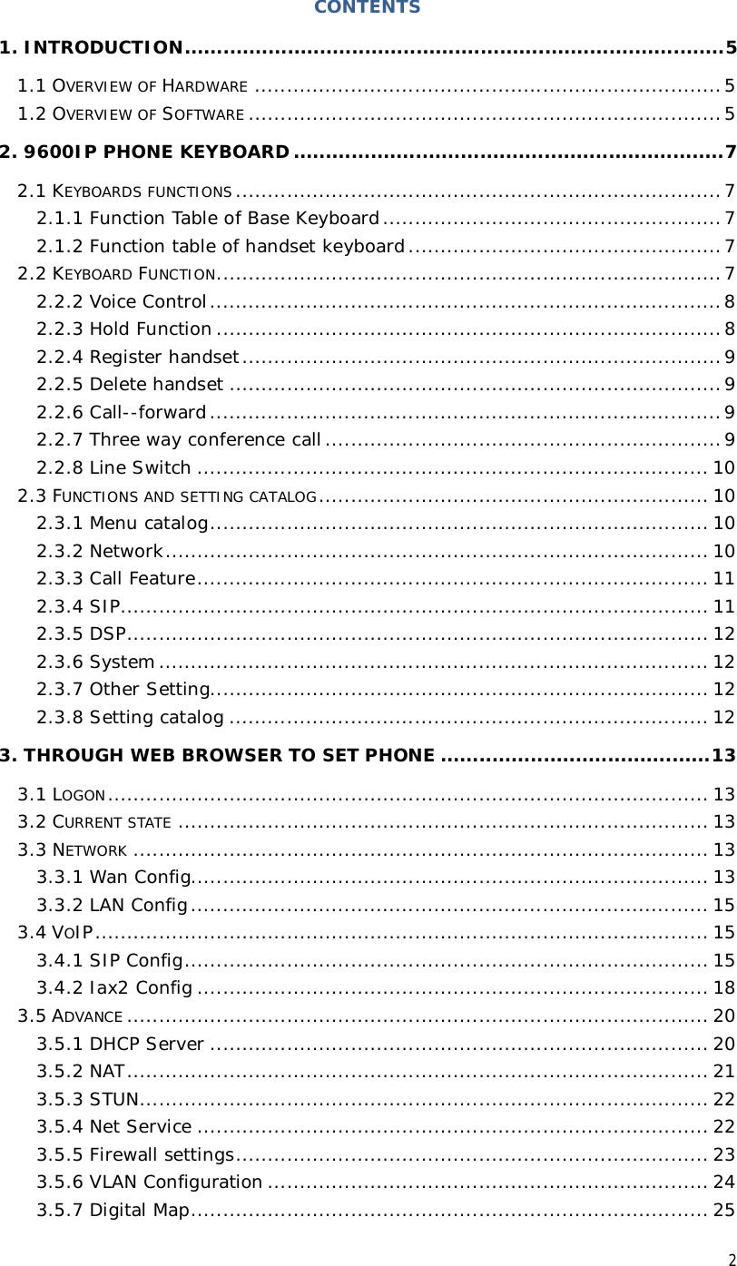  2 CONTENTS 1. INTRODUCTION....................................................................................5 1.1 OVERVIEW OF HARDWARE .........................................................................5 1.2 OVERVIEW OF SOFTWARE ..........................................................................5 2. 9600IP PHONE KEYBOARD...................................................................7 2.1 KEYBOARDS FUNCTIONS............................................................................7 2.1.1 Function Table of Base Keyboard.....................................................7 2.1.2 Function table of handset keyboard.................................................7 2.2 KEYBOARD FUNCTION...............................................................................7 2.2.2 Voice Control................................................................................8 2.2.3 Hold Function...............................................................................8 2.2.4 Register handset...........................................................................9 2.2.5 Delete handset.............................................................................9 2.2.6 Call--forward................................................................................9 2.2.7 Three way conference call..............................................................9 2.2.8 Line Switch................................................................................10 2.3 FUNCTIONS AND SETTING CATALOG.............................................................10 2.3.1 Menu catalog..............................................................................10 2.3.2 Network.....................................................................................10 2.3.3 Call Feature................................................................................11 2.3.4 SIP............................................................................................11 2.3.5 DSP...........................................................................................12 2.3.6 System......................................................................................12 2.3.7 Other Setting..............................................................................12 2.3.8 Setting catalog...........................................................................12 3. THROUGH WEB BROWSER TO SET PHONE..........................................13 3.1 LOGON..............................................................................................13 3.2 CURRENT STATE ...................................................................................13 3.3 NETWORK ..........................................................................................13 3.3.1 Wan Config.................................................................................13 3.3.2 LAN Config.................................................................................15 3.4 VOIP................................................................................................15 3.4.1 SIP Config..................................................................................15 3.4.2 Iax2 Config................................................................................18 3.5 ADVANCE ...........................................................................................20 3.5.1 DHCP Server..............................................................................20 3.5.2 NAT...........................................................................................21 3.5.3 STUN.........................................................................................22 3.5.4 Net Service................................................................................22 3.5.5 Firewall settings..........................................................................23 3.5.6 VLAN Configuration.....................................................................24 3.5.7 Digital Map.................................................................................25 