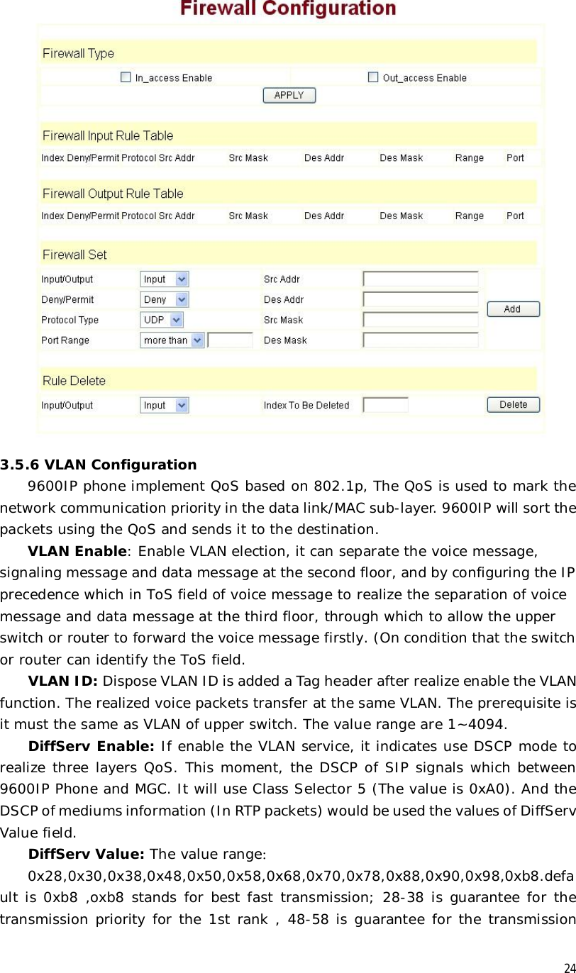  24  3.5.6 VLAN Configuration 9600IP phone implement QoS based on 802.1p, The QoS is used to mark the network communication priority in the data link/MAC sub-layer. 9600IP will sort the packets using the QoS and sends it to the destination. VLAN Enable: Enable VLAN election, it can separate the voice message, signaling message and data message at the second floor, and by configuring the IP precedence which in ToS field of voice message to realize the separation of voice message and data message at the third floor, through which to allow the upper switch or router to forward the voice message firstly. (On condition that the switch or router can identify the ToS field. VLAN ID: Dispose VLAN ID is added a Tag header after realize enable the VLAN function. The realized voice packets transfer at the same VLAN. The prerequisite is it must the same as VLAN of upper switch. The value range are 1~4094. DiffServ Enable: If enable the VLAN service, it indicates use DSCP mode to realize three layers QoS. This moment, the DSCP of SIP signals which between 9600IP Phone and MGC. It will use Class Selector 5 (The value is 0xA0). And the DSCP of mediums information (In RTP packets) would be used the values of DiffServ Value field. DiffServ Value: The value range： 0x28,0x30,0x38,0x48,0x50,0x58,0x68,0x70,0x78,0x88,0x90,0x98,0xb8.default is 0xb8 ,oxb8 stands for best fast transmission; 28-38 is guarantee for the transmission priority for the 1st rank , 48-58 is guarantee for the transmission 