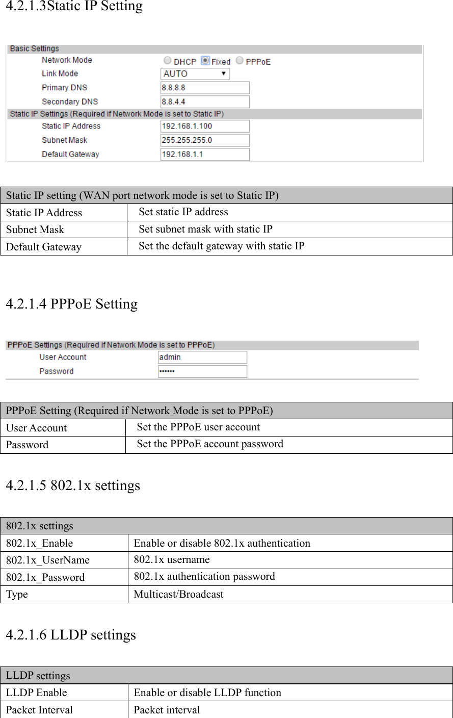 4.2.1.3Static IP Setting     Static IP setting (WAN port network mode is set to Static IP) Static IP Address  Set static IP address Subnet Mask  Set subnet mask with static IP   Default Gateway  Set the default gateway with static IP  4.2.1.4 PPPoE Setting   PPPoE Setting (Required if Network Mode is set to PPPoE) User Account Set the PPPoE user account Password  Set the PPPoE account password 4.2.1.5 802.1x settings 802.1x settings 802.1x_Enable  Enable or disable 802.1x authentication 802.1x_UserName  802.1x username 802.1x_Password  802.1x authentication password Type Multicast/Broadcast 4.2.1.6 LLDP settings LLDP settings LLDP Enable  Enable or disable LLDP function Packet Interval  Packet interval 