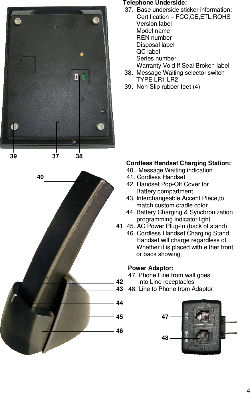   4                                                                          Telephone Underside:                                                                           37.  Base underside sticker information:                                                                                  Certification – FCC,CE,ETL,ROHS                                                                                  Version label                                                                                  Model name                                                                                  REN number                                                                                  Disposal label                                                                                  QC label                                                                                  Series number                                                                                  Warranty Void If Seal Broken label                                                                           38.  Message Waiting selector switch                                                                                  TYPE LR1 LR2                                                                           39.  Non-Slip rubber feet (4)                39                     37          38                                                                            Cordless Handset Charging Station:                                                                            40.  Message Waiting indication                       40                                                 41. Cordless Handset                                                                            42. Handset Pop-Off Cover for                                                                                   Battery compartment                                                                            43. Interchangeable Accent Piece,to                                                                                   match custom cradle color                                                                            44. Battery Charging &amp; Synchronization                                                                                  programming indicator light                                                                      41  45. AC Power Plug-In.(back of stand)                                                                            46. Cordless Handset Charging Stand                                                                                  Handset will charge regardless of                                                                                   Whether it is placed with either front                                                                                  or back showing                                                                              Power Adaptor:                                                                             47. Phone Line from wall goes                                                                      42         into Line receptacles                                                                      43   48. Line to Phone from Adaptor                                                                       44                                                                                                                                            45                       47                                                                       46                                                                                                 48                                                                                                    