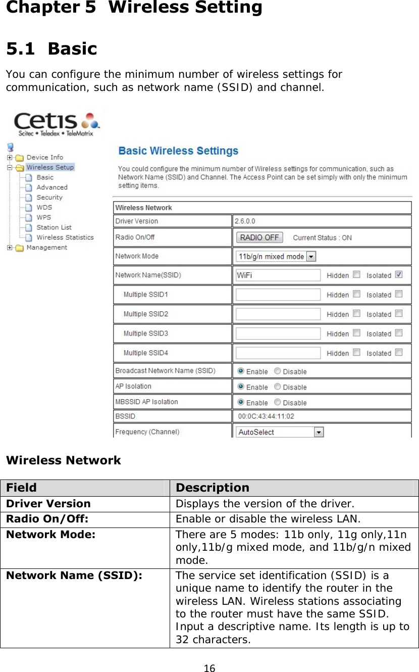 16Chapter 5  Wireless Setting  5.1  Basic You can configure the minimum number of wireless settings for communication, such as network name (SSID) and channel.    Wireless Network  Field  Description Driver Version  Displays the version of the driver. Radio On/Off:  Enable or disable the wireless LAN. Network Mode:   There are 5 modes: 11b only, 11g only,11n only,11b/g mixed mode, and 11b/g/n mixed mode. Network Name (SSID):  The service set identification (SSID) is a unique name to identify the router in the wireless LAN. Wireless stations associating to the router must have the same SSID. Input a descriptive name. Its length is up to 32 characters. 