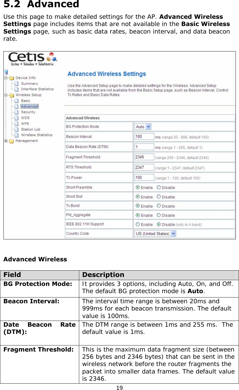 195.2  Advanced Use this page to make detailed settings for the AP. Advanced Wireless Settings page includes items that are not available in the Basic Wireless Settings page, such as basic data rates, beacon interval, and data beacon rate.     Advanced Wireless  Field  Description BG Protection Mode:   It provides 3 options, including Auto, On, and Off. The default BG protection mode is Auto. Beacon Interval:   The interval time range is between 20ms and 999ms for each beacon transmission. The default value is 100ms. Date Beacon Rate (DTM):   The DTM range is between 1ms and 255 ms.  The default value is 1ms. Fragment Threshold:   This is the maximum data fragment size (between 256 bytes and 2346 bytes) that can be sent in the wireless network before the router fragments the packet into smaller data frames. The default value is 2346. 