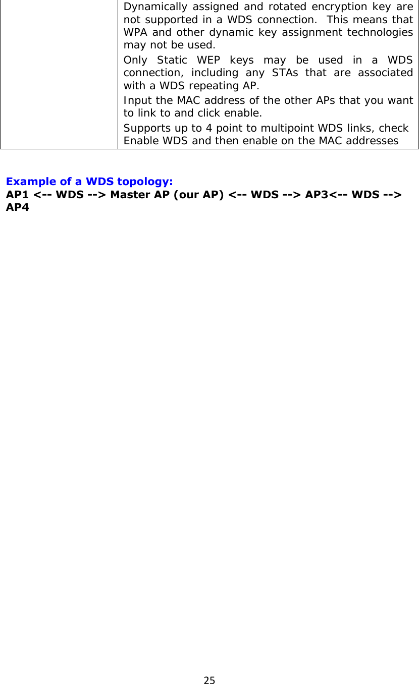 25Dynamically assigned and rotated encryption key are not supported in a WDS connection.  This means that WPA and other dynamic key assignment technologies may not be used.                                               Only Static WEP keys may be used in a WDS connection, including any STAs that are associated with a WDS repeating AP. Input the MAC address of the other APs that you want to link to and click enable. Supports up to 4 point to multipoint WDS links, check Enable WDS and then enable on the MAC addresses   Example of a WDS topology: AP1 &lt;-- WDS --&gt; Master AP (our AP) &lt;-- WDS --&gt; AP3&lt;-- WDS --&gt; AP4  