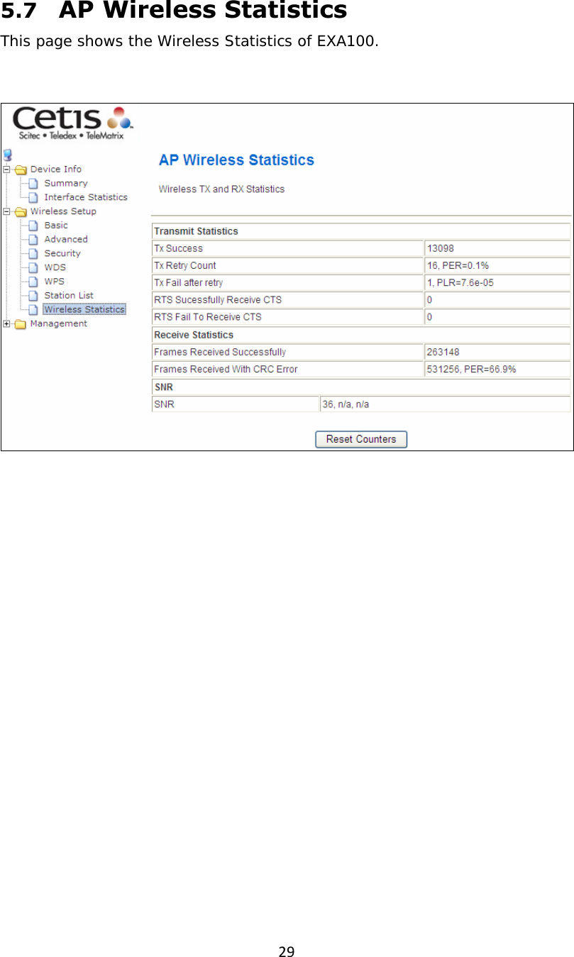 295.7   AP Wireless Statistics This page shows the Wireless Statistics of EXA100.   