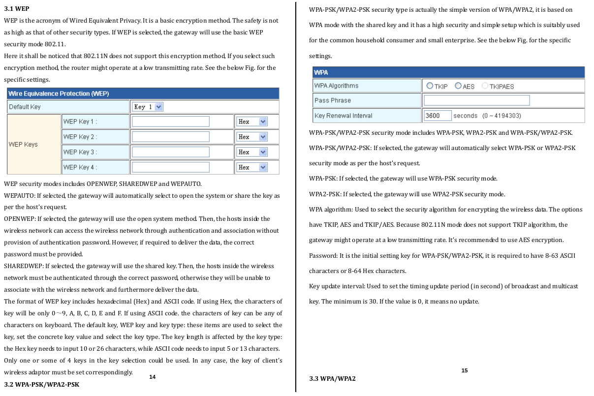  3.1WEPWEPistheacronymofWiredEquivalentPrivacy.Itisabasicencryptionmethod.Thesafetyisnotashighasthatofothersecuritytypes.IfWEPisselected,thegatewaywillusethebasicWEPsecuritymode802.11.Hereitshallbenoticedthat802.11Ndoesnotsupportthisencryptionmethod,Ifyouselectsuchencryptionmethod,theroutermightoperateatalowtransmittingrate.SeethebelowFig.forthespecificsettings.WEPsecuritymodesincludesOPENWEP,SHAREDWEPandWEPAUTO.WEPAUTO:Ifselected,thegatewaywillautomaticallyselecttoopenthesystemorsharethekeyasperthehost’srequest.OPENWEP:Ifselected,thegatewaywillusetheopensystemmethod.Then,thehostsinsidethewirelessnetworkcanaccessthewirelessnetworkthroughauthenticationandassociationwithoutprovisionofauthenticationpassword.However,ifrequiredtodeliverthedata,thecorrectpasswordmustbeprovided.SHAREDWEP:Ifselected,thegatewaywillusethesharedkey.Then,thehostsinsidethewirelessnetworkmustbeauthenticatedthroughthecorrectpassword,otherwisetheywillbeunabletoassociatewiththewirelessnetworkandfurthermoredeliverthedata.TheformatofWEPkeyincludeshexadecimal(Hex)andASCIIcode.IfusingHex,thecharactersofkeywill be only0～9,A,B,C,D,EandF.IfusingASCIIcode.thecharactersofkeycan beany ofcharactersonkeyboard.Thedefaultkey,WEPkeyandkeytype:theseitemsareusedtoselectthekey,settheconcretekeyvalueandselectthekeytype.Thekeylengthisaffectedbythekeytype:theHexkeyneedstoinput10or26characters,whileASCIIcodeneedstoinput5or13characters.Onlyoneorsomeof4keysinthekeyselectioncouldbeused.Inanycase,thekeyofclient’swirelessadaptormustbesetcorrespondingly.3.2WPAPSK/WPA2PSKWPA‐PSK/WPA2‐PSKsecuritytypeisactuallythesimpleversionofWPA/WPA2,itisbasedonWPAmodewiththesharedkeyandithasahighsecurityandsimplesetupwhichissuitablyusedforthecommonhouseholdconsumerandsmallenterprise.SeethebelowFig.forthespecificsettings.WPA‐PSK/WPA2‐PSKsecuritymodeincludesWPA‐PSK,WPA2‐PSKandWPA‐PSK/WPA2‐PS K.WPA‐PSK/WPA2‐PSK:Ifselected,thegatewaywillautomaticallyselectWPA‐PSKorWPA2‐PSKsecuritymodeasperthehost’srequest.WPA‐PSK:Ifselected,thegatewaywilluseWPA‐PSKsecuritymode.WPA2‐PSK:Ifselected,thegatewaywilluseWPA2‐PSKsecuritymode.WPAalgorithm:Usedtoselectthesecurityalgorithmforencryptingthewirelessdata.TheoptionshaveTKIP,AESandTKIP/AES.Because802.11NmodedoesnotsupportTKIPalgorithm,thegatewaymightoperateatalowtransmittingrate.It’srecommendedtouseAESencryption.Password:ItistheinitialsettingkeyforWPA‐PSK/WPA2‐PSK,itisrequiredtohave8‐63ASCIIcharactersor8‐64Hexcharacters.Keyupdateinterval:Usedtosetthetimingupdateperiod(insecond)ofbroadcastandmulticastkey.Theminimumis30.Ifthevalueis0,itmeansnoupdate.3.3WPA/WPA214  15 