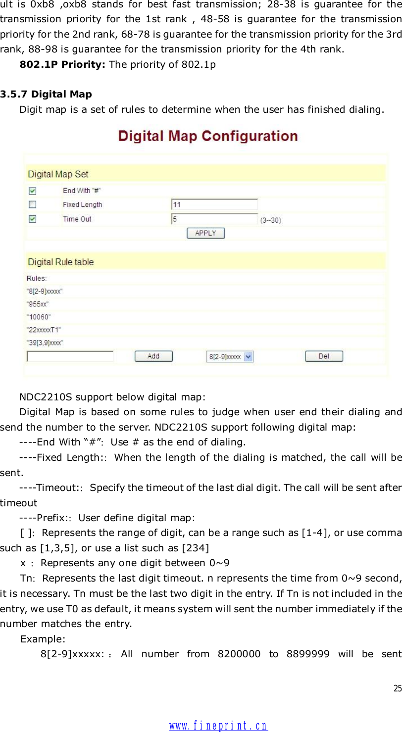  25 ult is 0xb8 ,oxb8 stands for best fast transmission; 28-38 is guarantee for the transmission priority for the 1st rank , 48-58 is guarantee for the transmission priority for the 2nd rank, 68-78 is guarantee for the transmission priority for the 3rd rank, 88-98 is guarantee for the transmission priority for the 4th rank. 802.1P Priority: The priority of 802.1p  3.5.7 Digital Map Digit map is a set of rules to determine when the user has finished dialing.   NDC2210S support below digital map: Digital Map is based on some rules to judge when user end their dialing and send the number to the server. NDC2210S support following digital map: ----End With “#”：Use # as the end of dialing.  ----Fixed Length:：When the length of the dialing is matched, the call will be sent. ----Timeout:：Specify the timeout of the last dial digit. The call will be sent after timeout ----Prefix:：User define digital map: [ ]：Represents the range of digit, can be a range such as [1-4], or use comma such as [1,3,5], or use a list such as [234]    x  ：Represents any one digit between 0~9  Tn：Represents the last digit timeout. n represents the time from 0~9 second, it is necessary. Tn must be the last two digit in the entry. If Tn is not included in the entry, we use T0 as default, it means system will sent the number immediately if the number matches the entry. Example:  8[2-9]xxxxx: ：All number from 8200000 to 8899999 will be sent  www.fineprint.cn