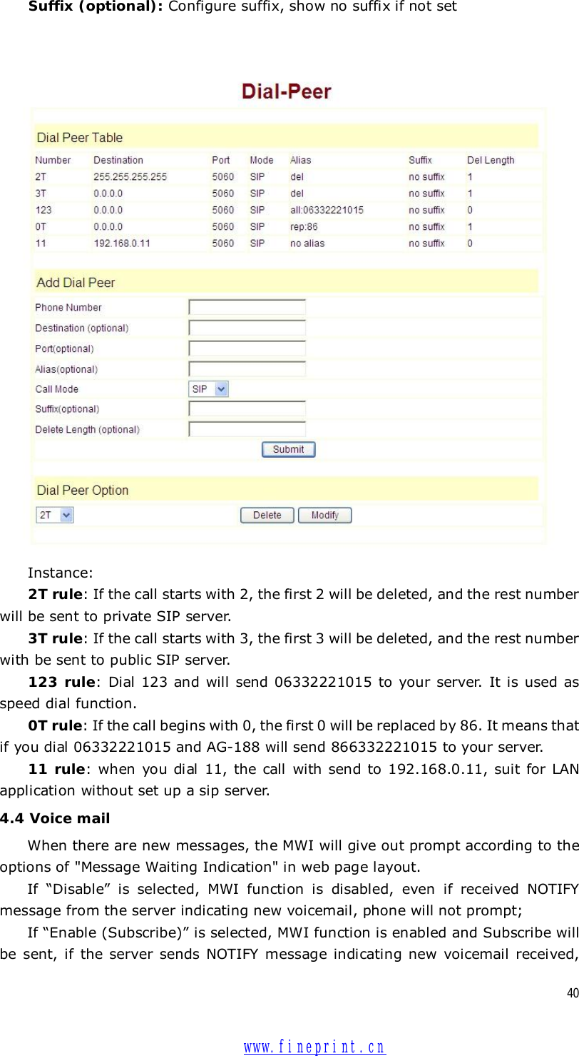  40 Suffix (optional): Configure suffix, show no suffix if not set    Instance: 2T rule: If the call starts with 2, the first 2 will be deleted, and the rest number will be sent to private SIP server. 3T rule: If the call starts with 3, the first 3 will be deleted, and the rest number with be sent to public SIP server. 123 rule: Dial 123 and will send 06332221015 to your server. It is used as speed dial function. 0T rule: If the call begins with 0, the first 0 will be replaced by 86. It means that if you dial 06332221015 and AG-188 will send 866332221015 to your server. 11 rule: when you dial 11, the call with send to 192.168.0.11, suit for LAN application without set up a sip server. 4.4 Voice mail When there are new messages, the MWI will give out prompt according to the options of &quot;Message Waiting Indication&quot; in web page layout.  If  “Disable” is selected, MWI function is disabled, even if received NOTIFY message from the server indicating new voicemail, phone will not prompt;  If “Enable (Subscribe)” is selected, MWI function is enabled and Subscribe will be sent, if the server sends NOTIFY message indicating new voicemail received,  www.fineprint.cn