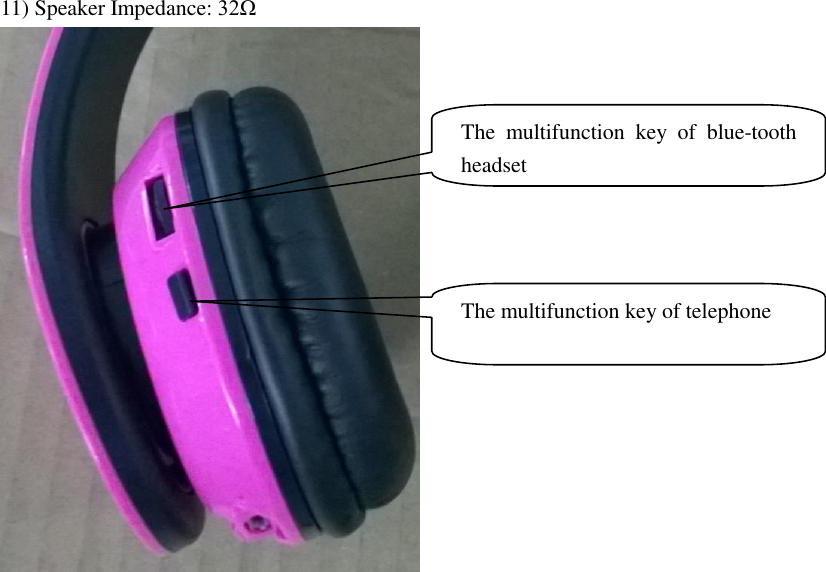 11) Speaker Impedance: 32&Omega;   The  multifunction  key  of  blue-tooth headset  The multifunction key of telephone 