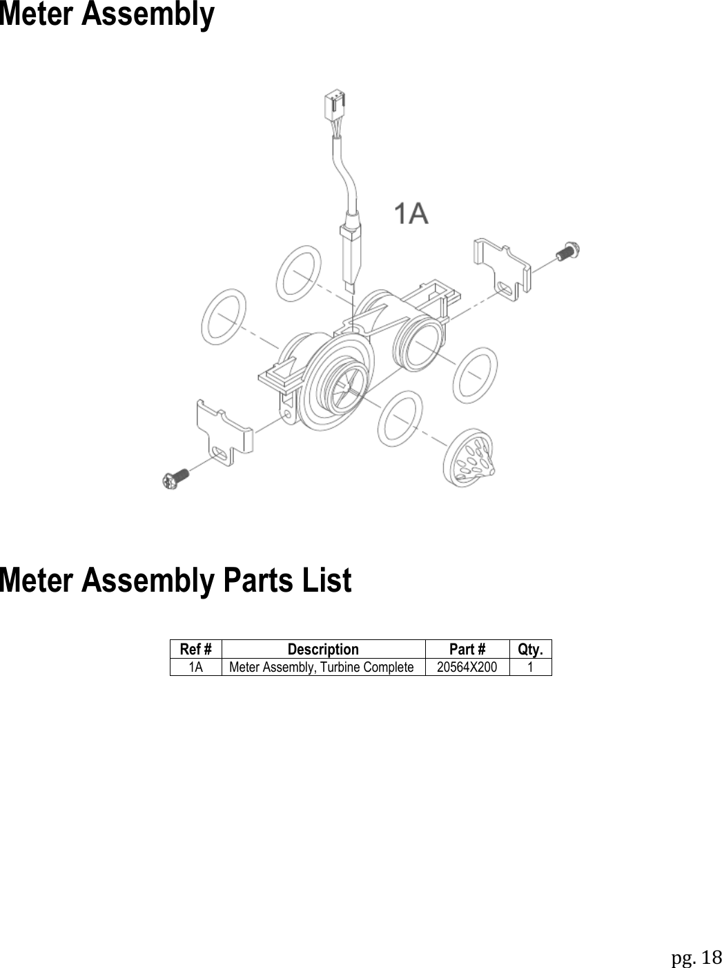 pg. 18    Meter Assembly     Meter Assembly Parts List   Ref # Description Part # Qty. 1A Meter Assembly, Turbine Complete 20564X200 1  