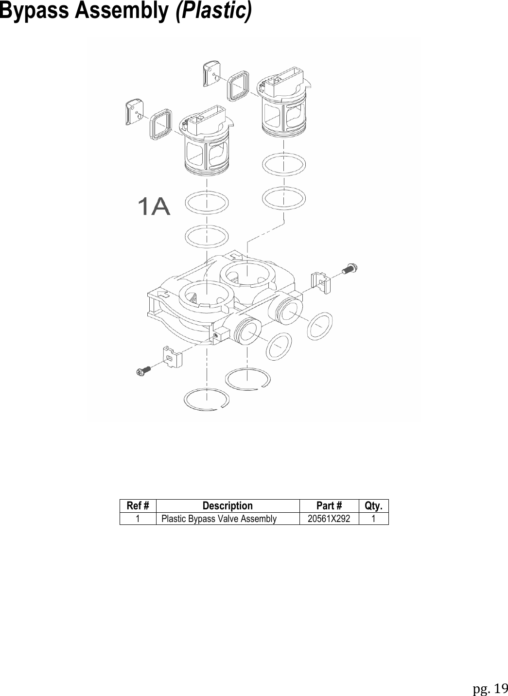 pg. 19   Bypass Assembly (Plastic)       Ref # Description Part # Qty. 1 Plastic Bypass Valve Assembly 20561X292 1  
