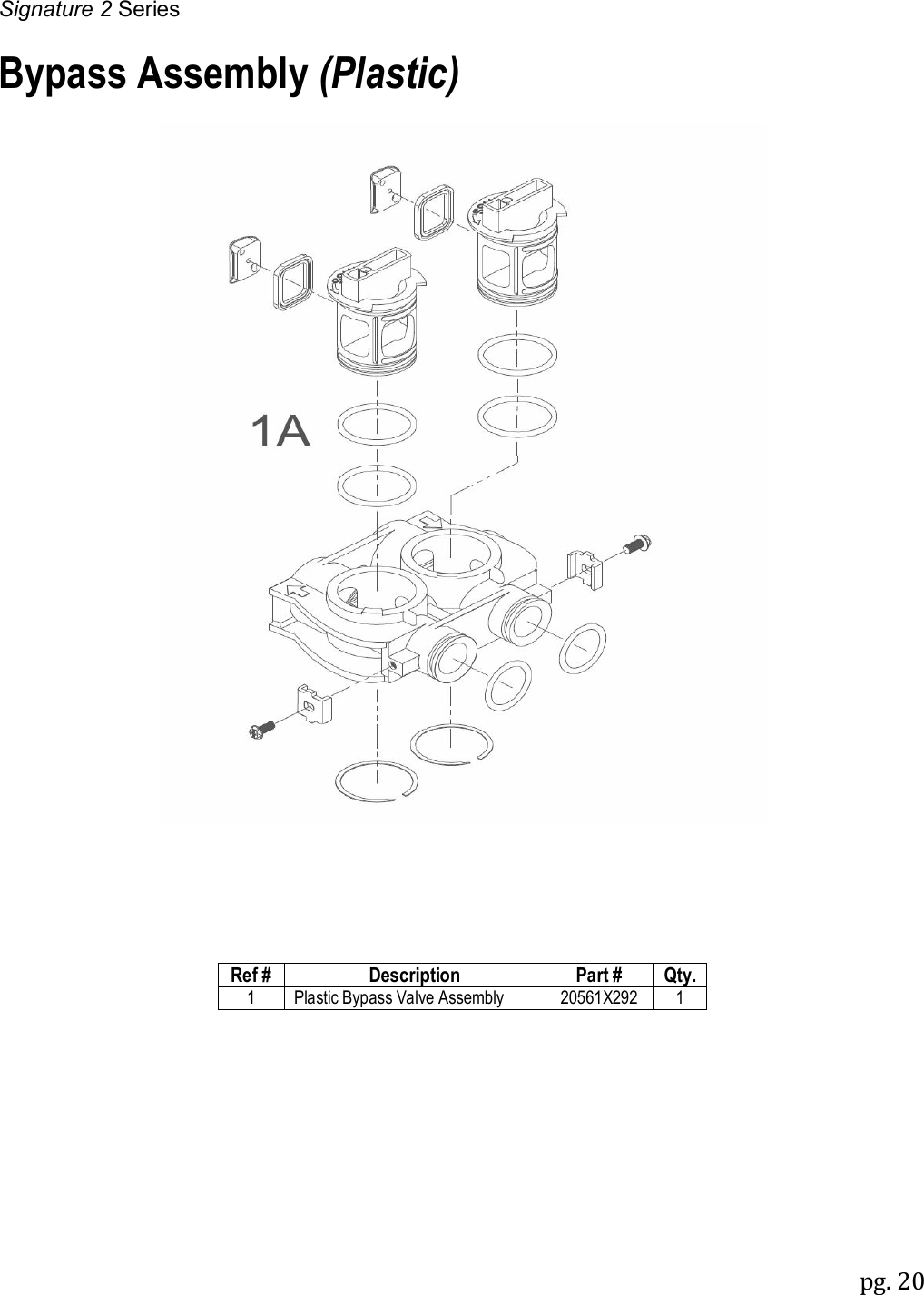 Signature 2 Series pg. 20   Bypass Assembly (Plastic)       Ref # Description Part # Qty. 1 Plastic Bypass Valve Assembly 20561X292 1  