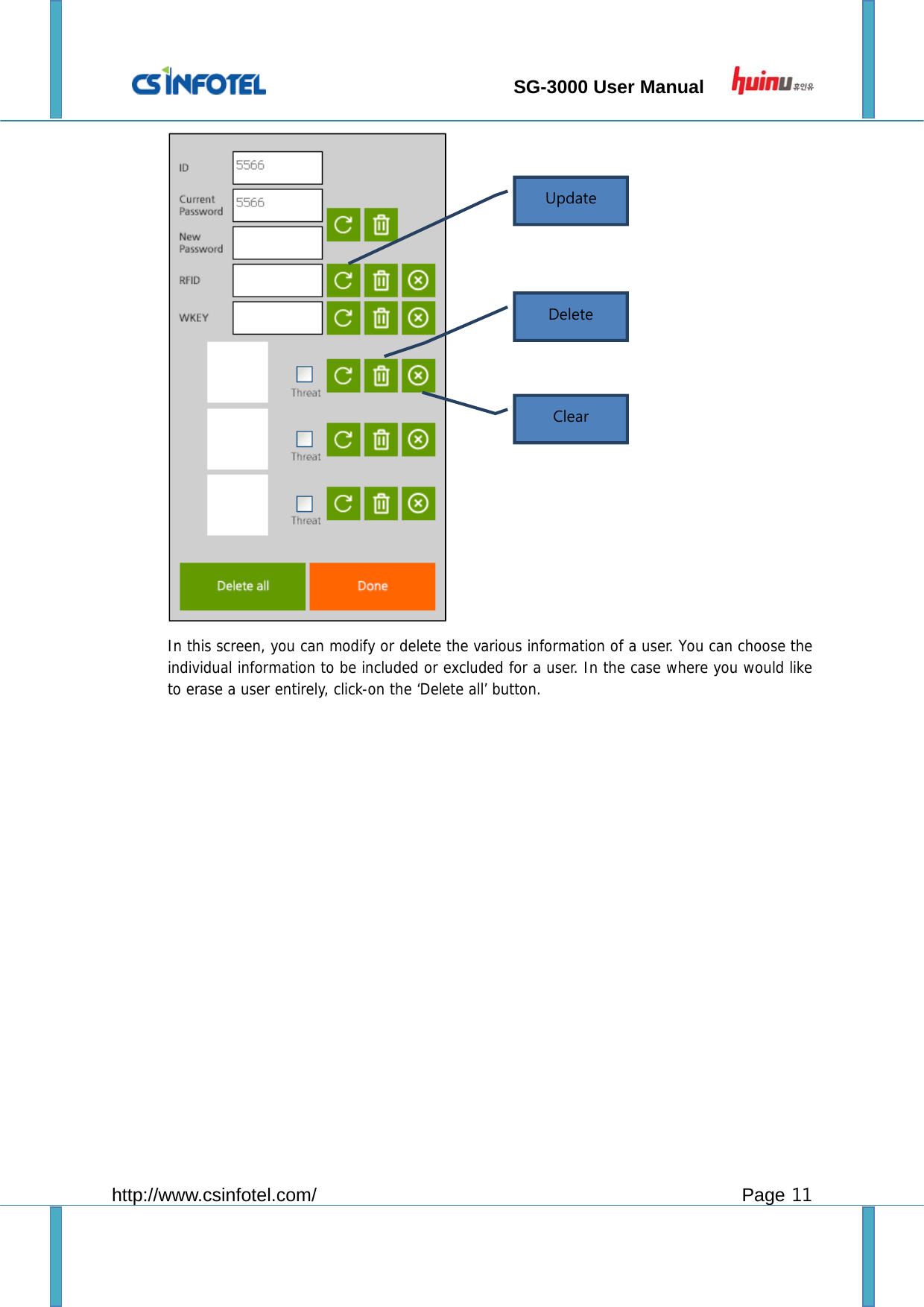                                SG-3000 User Manual        http://www.csinfotel.com/ Page 11         In this screen, you can modify or delete the various information of a user. You can choose the individual information to be included or excluded for a user. In the case where you would like to erase a user entirely, click-on the ‘Delete all’ button.  Update   Delete   Clear   
