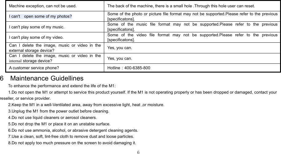 6Machine exception, can not be used . The back of the m achine , there is a small hole .T hrough this hole user can reset.I can &apos; t open some of my photo s?Some of the photo or picture file format may not be supported.Please refer to the previous[ specificatons ].I can&apos;t play some of my music.Some of the music file format may not be supported.Please refer to the previous[ specificatons ].I can&apos;t play some of my video.Some of the video file format may not be supported.Please refer to the previous[ specificatons ].C an I delete the image, music or video in theexternal storage device?Yes, you can.C an I delete the image, music or video in theinternal storage device?Yes, you can.A customer service phone? Hotline ：400-6385-8006 Maintenance GuidellinesToenhance the performance and extend the life of the M1:1. Do not open the M1 or attempt to service this product yourself. If the M1 is not operating properly or has been dropped or damaged, contact yourreseller, or service provider.2. Keep the M1 in a well-Ventilated area, away from excessive light, heat ,or moisture.3. Unplug the M1 from the power outlet before cleaning.4. Do not use liquid cleaners or aerosol cleaners.5. Do not drop the M1 or place it on an unstable surface.6. Do not use ammonia, alcohol, or abrasive detergent cleaning agents.7. Use a clean, soft, lint-free cloth to remove dust and loose particles.8. Do not apply too much pressure on the screen to avoid damaging it.
