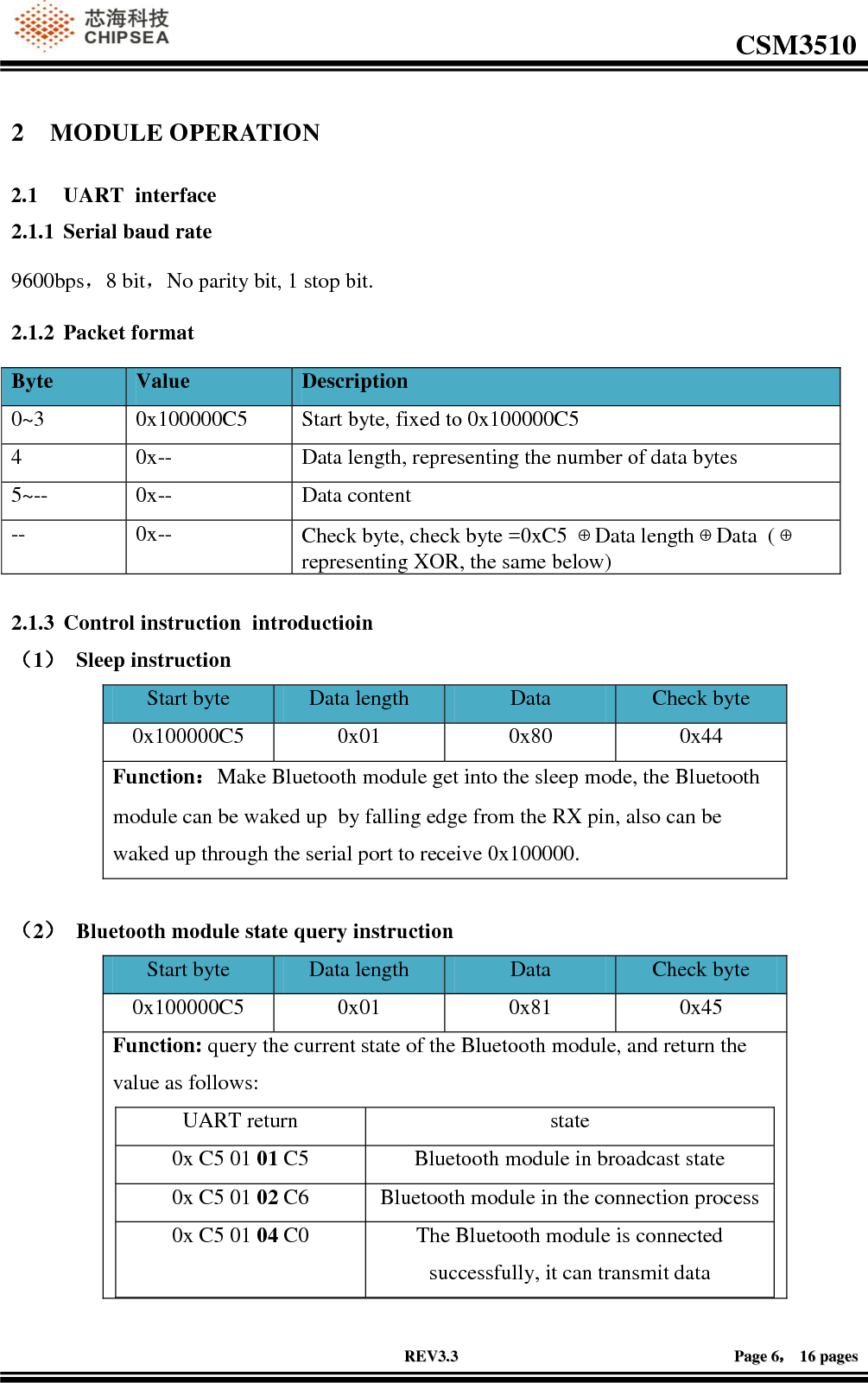                                                                                                         CSM3510              RREEVV33..33                                                                                                                                        PPaaggee  66，，  1166  ppaaggeess  2 MODULE OPERATION 2.1 UART  interface 2.1.1 Serial baud rate 9600bps，8 bit，No parity bit, 1 stop bit. 2.1.2 Packet format Byte Value Description 0~3 0x100000C5 Start byte, fixed to 0x100000C5 4 0x-- Data length, representing the number of data bytes 5~-- 0x-- Data content -- 0x-- Check byte, check byte =0xC5 ⊕Data length⊕Data  (⊕representing XOR, the same below)  2.1.3 Control instruction  introductioin （1） Sleep instruction Start byte Data length Data  Check byte 0x100000C5 0x01 0x80 0x44 Function：Make Bluetooth module get into the sleep mode, the Bluetooth module can be waked up  by falling edge from the RX pin, also can be waked up through the serial port to receive 0x100000.  （2） Bluetooth module state query instruction  Start byte Data length Data  Check byte 0x100000C5 0x01 0x81 0x45 Function: query the current state of the Bluetooth module, and return the value as follows: UART return state 0x C5 01 01 C5 Bluetooth module in broadcast state 0x C5 01 02 C6 Bluetooth module in the connection process 0x C5 01 04 C0 The Bluetooth module is connected successfully, it can transmit data  