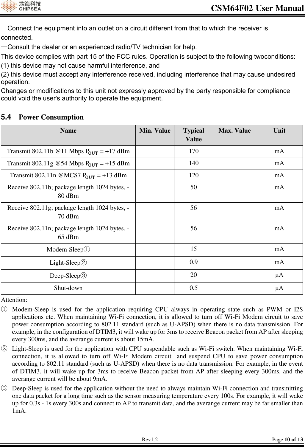 CSM64F02 User Manual                                                                           Rev1.2                                                                                  Page 10 of 13 —Connect the equipment into an outlet on a circuit different from that to which the receiver is connected. —Consult the dealer or an experienced radio/TV technician for help. This device complies with part 15 of the FCC rules. Operation is subject to the following twoconditions: (1) this device may not cause harmful interference, and (2) this device must accept any interference received, including interference that may cause undesired operation. Changes or modifications to this unit not expressly approved by the party responsible for compliance could void the user&apos;s authority to operate the equipment.  5.4  Power Consumption Name Min. Value Typical Value Max. Value Unit Transmit 802.11b @11 Mbps  = +17 dBm  170  mA Transmit 802.11g @54 Mbps  = +15 dBm  140  mA Transmit 802.11n @MCS7  = +13 dBm  120  mA Receive 802.11b; package length 1024 bytes, -80 dBm  50  mA Receive 802.11g; package length 1024 bytes, -70 dBm  56  mA Receive 802.11n; package length 1024 bytes, -65 dBm  56  mA Modem-Sleep①  15  mA Light-Sleep②  0.9  mA Deep-Sleep③  20  μA Shut-down  0.5  μA Attention:  ① Modem-Sleep  is  used  for  the  application  requiring  CPU  always  in  operating  state  such  as  PWM  or  I2S applications etc. When maintaining Wi-Fi connection, it is allowed to turn off Wi-Fi Modem circuit to save power consumption according to 802.11 standard (such as U-APSD) when there is no data transmission. For example, in the configuration of DTIM3, it will wake up for 3ms to receive Beacon packet from AP after sleeping every 300ms, and the averange current is about 15mA.  ② Light-Sleep is used for the application with CPU suspendable such as Wi-Fi switch. When maintaining Wi-Fi connection,  it  is  allowed  to  turn  off  Wi-Fi  Modem circuit    and  suspend  CPU  to  save  power  consumption according to 802.11 standard (such as U-APSD) when there is no data transmission. For example, in the event of DTIM3, it will wake up for 3ms to receive Beacon packet from AP after sleeping every 300ms, and  the averange current will be about 9mA. ③ Deep-Sleep is used for the application without the need to always maintain Wi-Fi connection and transmitting one data packet for a long time such as the sensor measuring temperature every 100s. For example, it will wake up for 0.3s - 1s every 300s and connect to AP to transmit data, and the averange current may be far smaller than 1mA.   