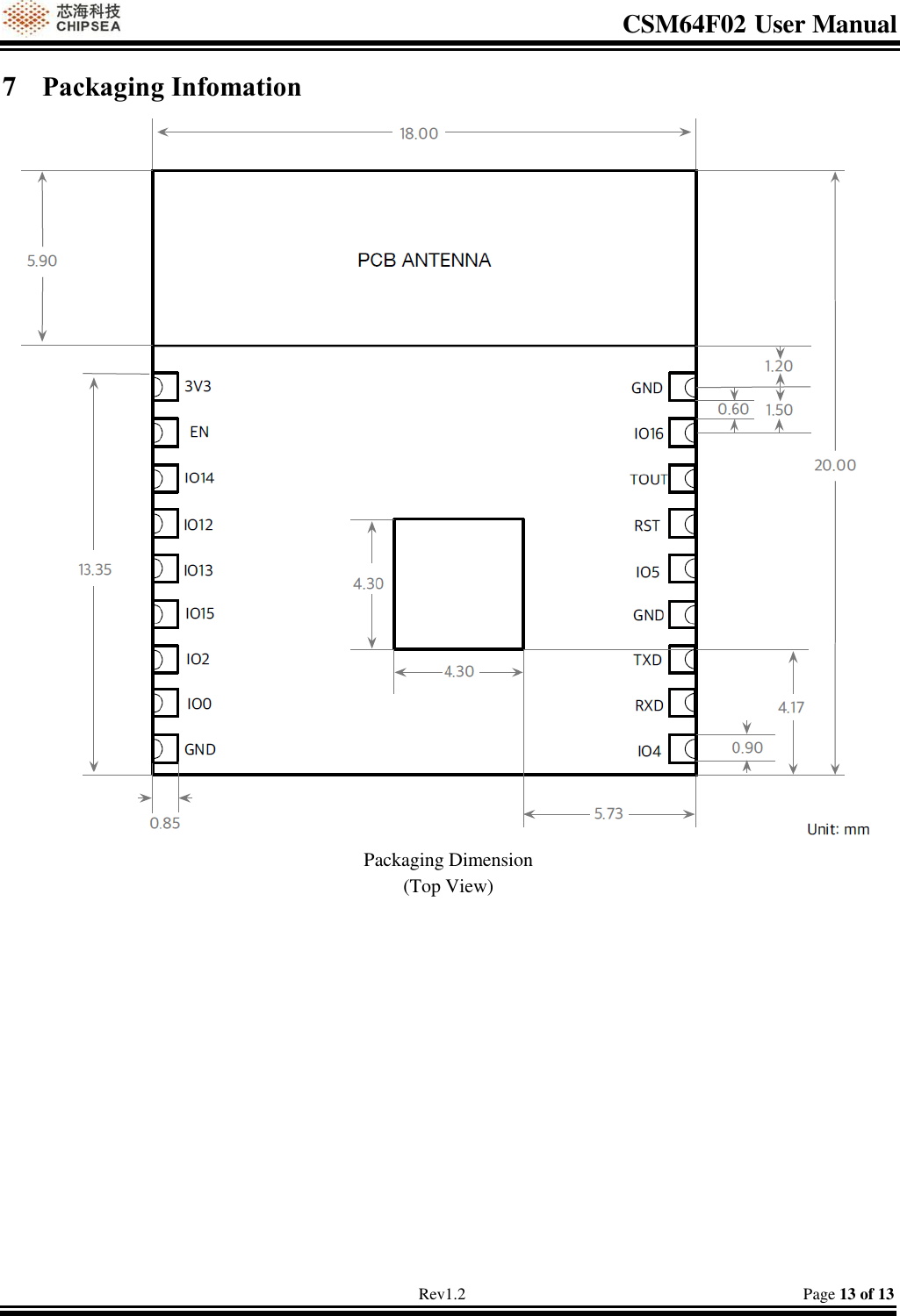 CSM64F02 User Manual                                                                           Rev1.2                                                                                  Page 13 of 13 7 Packaging Infomation  Packaging Dimension (Top View)           