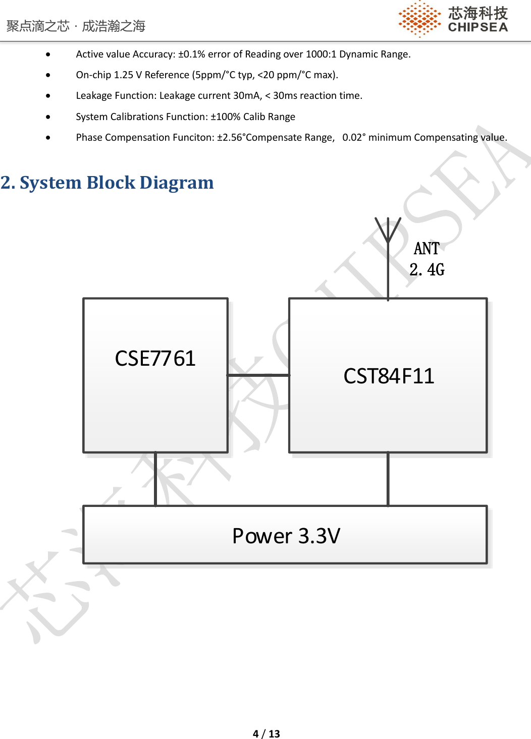 聚点滴之芯．成浩瀚之海    4 / 13   Active value Accuracy: ±0.1% error of Reading over 1000:1 Dynamic Range.  On-chip 1.25 V Reference (5ppm/°C typ, &lt;20 ppm/°C max).  Leakage Function: Leakage current 30mA, &lt; 30ms reaction time.  System Calibrations Function: ±100% Calib Range   Phase Compensation Funciton: ±2.56°Compensate Range,   0.02° minimum Compensating value.  2. System Block Diagram       CST84F11ANT2.4GPower 3.3VCSE7761