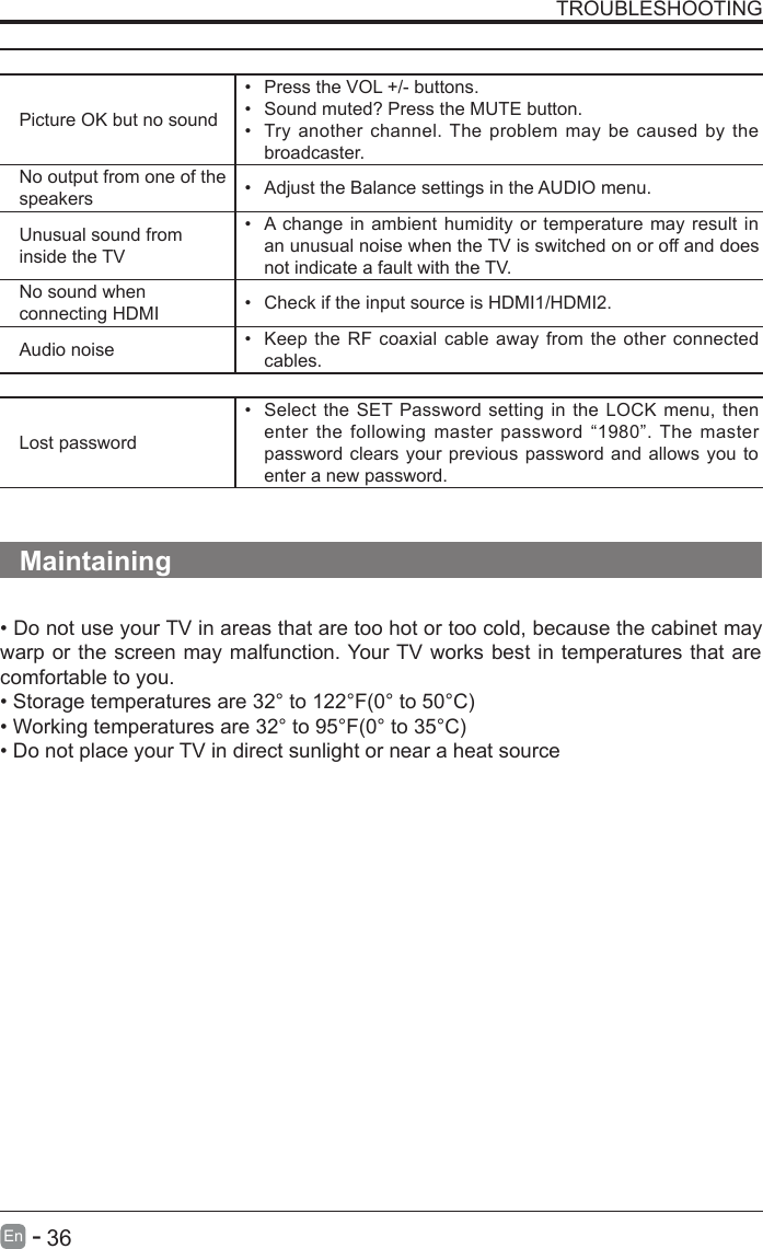       36En  -   TROUBLESHOOTINGThe audio function does not workPicture OK but no sound•  Press the VOL +/- buttons.•  Sound muted? Press the MUTE button.•  Try  another  channel. The  problem  may be  caused by  the broadcaster.No output from one of the speakers •  Adjust the Balance settings in the AUDIO menu.Unusual sound from inside the TV•  A change in  ambient humidity  or temperature may  result in an unusual noise when the TV is switched on or off and does not indicate a fault with the TV. No sound when connecting HDMI •  Check if the input source is HDMI1/HDMI2.Audio noise •  Keep the  RF  coaxial  cable away  from the  other  connected cables.PasswordLost password•  Select the SET Password setting in the LOCK menu, then enter  the  following  master  password  “1980”. The  master password clears your previous password and  allows you  to enter a new password.   Maintaining• Do not use your TV in areas that are too hot or too cold, because the cabinet may warp or the screen may malfunction. Your TV works best in temperatures that are comfortable to you.• Storage temperatures are 32° to 122°F(0° to 50°C)• Working temperatures are 32° to 95°F(0° to 35°C)• Do not place your TV in direct sunlight or near a heat source