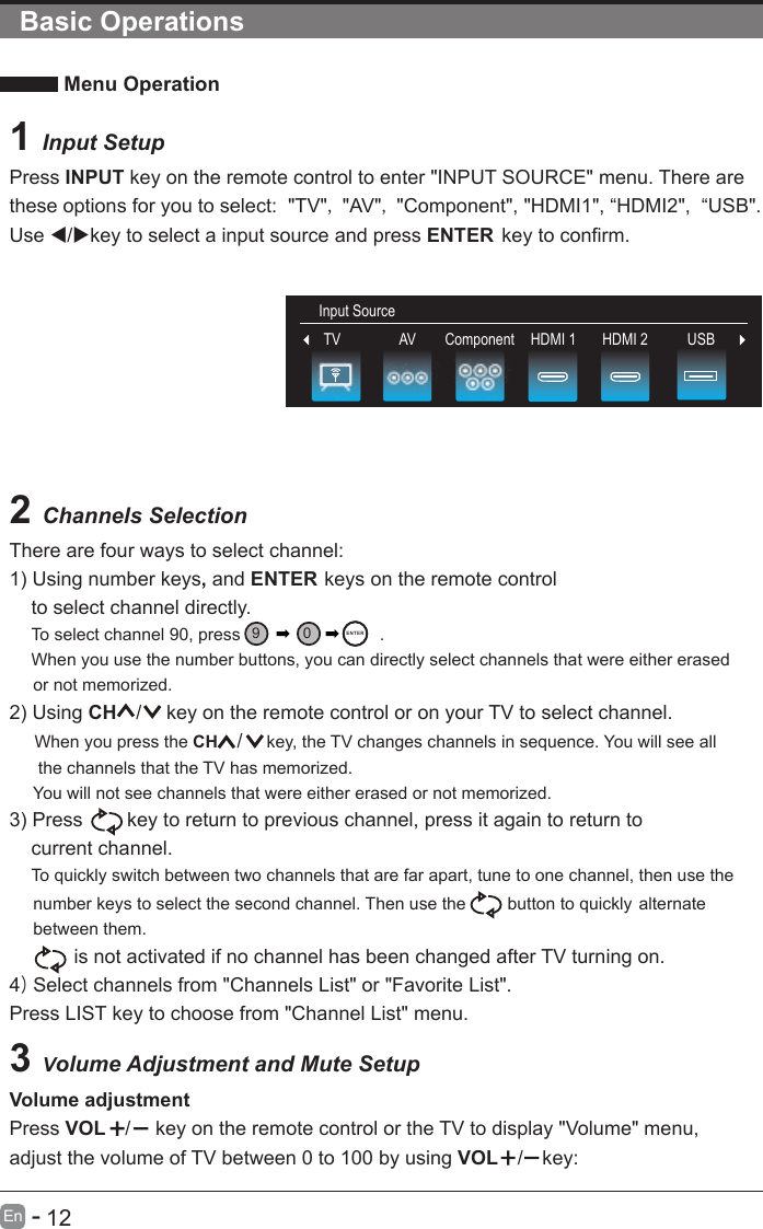       12En  -   Basic Operations Menu Operation1 Input SetupPress INPUT key on the remote control to enter &quot;INPUT SOURCE&quot; menu. There arethese options for you to select:  &quot;TV&quot;, &quot;AV&quot;, &quot;Component&quot;, &quot;HDMI1&quot;, “HDMI2&quot;,  “USB&quot;.Use /key to select a input source and press ENTER  key to confirm.2 Channels SelectionThere are four ways to select channel:1) Using number keys, and ENTER keys on the remote control     to select channel directly.    To select channel 90, press                             .    When you use the number buttons, you can directly select channels that were either erased      or not memorized. 2) Using CH /  key on the remote control or on your TV to select channel.    When you press the CH / key, the TV changes channels in sequence. You will see all      the channels that the TV has memorized.     You will not see channels that were either erased or not memorized. 3) Press   key to return to previous channel, press it again to return to     current channel.    To quickly switch between two channels that are far apart, tune to one channel, then use the      number keys to select the second channel. Then use the  button to quickly      between them.     alternate        is not activated if no channel has been changed after TV turning on.4) Select channels from &quot;Channels List&quot; or &quot;Favorite List&quot;.Press LIST key to choose from &quot;Channel List&quot; menu.3 Volume Adjustment and Mute SetupVolume adjustmentPress VOL /  key on the remote control or the TV to display &quot;Volume&quot; menu, adjust the volume of TV between 0 to 100 by using VOL / key:Input Source90ENT ERInput SourceTV HDMI 2 USBAV Component HDMI 1