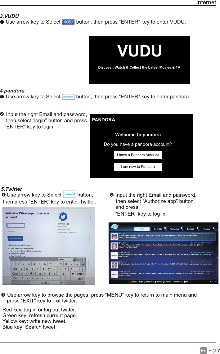 VUDUDiscover, Watch &amp; Collect the Latest Movies &amp; TV PANDORAWelcome to pandoraDo you have a pandora account?I have a Pandora AccountI am new to Pandora3.VUDUUse arrow key to Select           button, then press “ENTER” key to enter VUDU.4.pandora5Use arrow key to Select           button,  Input the right Email and password, then select “login” button and press“ENTER” key to login. then press “ENTER” key to enter pandora.En        27-   