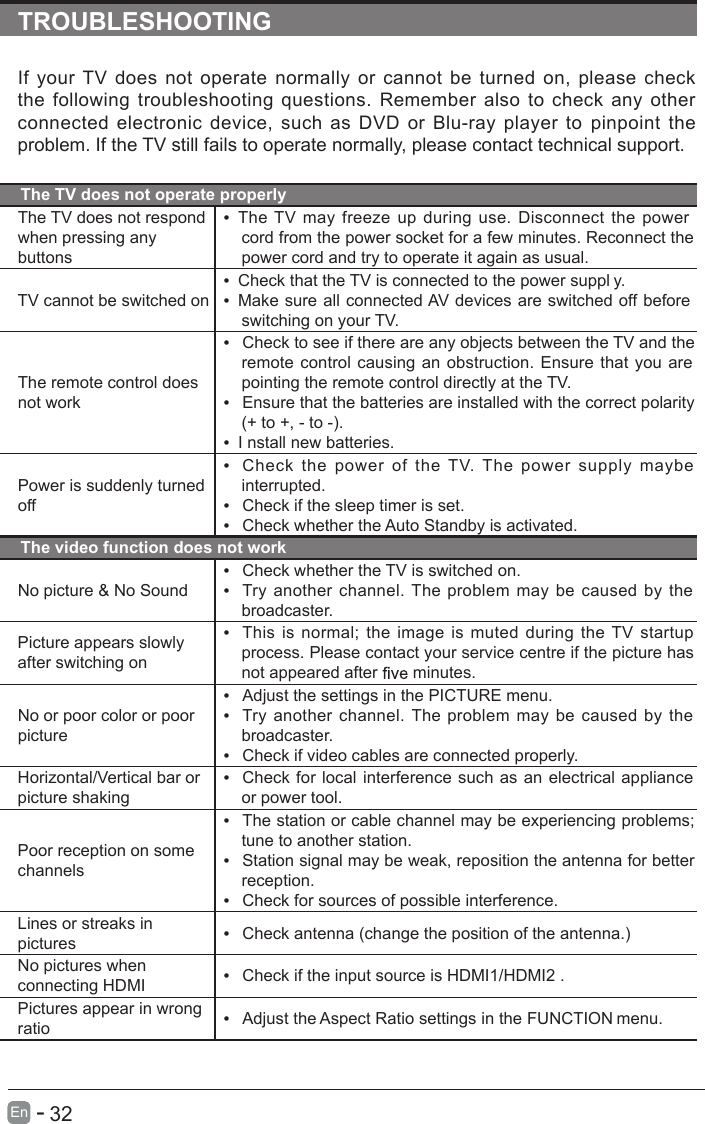 TROUBLESHOOTINGIf  your  TV  does  not  operate  normally  or  cannot  be  turned  on,  please  check the  following  troubleshooting  questions.  Remember  also  to  check  any  other connected  electronic  device,  such  as  DVD  or  Blu-ray  player  to  pinpoint  the problem. If the TV still fails to operate normally, please contact technical support.The TV does not operate properlyThe TV does not respond when pressing any buttons•  The TV may  freeze  up  during  use.  Disconnect  the  powercord from the power socket for a few minutes. Reconnect thepower cord and try to operate it again as usual.TV cannot be switched on•  Check that the TV is connected to the power suppl y.•  Make sure all connected AV devices are switched off beforeswitching on your TV.The remote control does not work•   Check to see if there are any objects between the TV and theremote control causing an obstruction. Ensure that  you  arepointing the remote control directly at the TV.•   Ensure that the batteries are installed with the correct polarity(+ to +, - to -).•  I nstall new batteries.Power is suddenly turned off•   Check  the  power  of  the  TV.  The  power  supply  maybeinterrupted.•   Check if the sleep timer is set.•   Check whether the Auto Standby is activated.The video function does not workNo picture &amp; No Sound•   Check whether the TV is switched on.•   Try another  channel. The problem  may be  caused  by  thebroadcaster.Picture appears slowly after switching on•   This  is  normal;  the image  is muted  during  the TV  startupprocess. Please contact your service centre if the picture hasnot appeared after   minutes.No or poor color or poor picture•   Adjust the settings in the PICTURE menu.•   Try another  channel. The problem  may be  caused  by  thebroadcaster.•   Check if video cables are connected properly.Horizontal/Vertical bar or picture shaking•   Check for local interference  such  as  an  electrical  applianceor power tool.Poor reception on some channels•   The station or cable channel may be experiencing problems;tune to another station.•   Station signal may be weak, reposition the antenna for betterreception.•   Check for sources of possible interference.Lines or streaks in pictures •   Check antenna (change the position of the antenna.)No pictures when connecting HDMI •   Check if the input source is HDMI1/HDMI2 .Pictures appear in wrong ratio •   Adjust the Aspect    .unem  NOITCNUF eht ni sgnittes oitaR       32En  - 