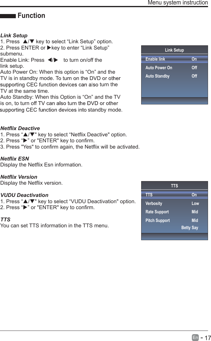       17En  -   Menu system instruction  Link SetupEnable linkAuto Power OnAuto StandbyOnOffOffFunctionLink Setup1. Press  / key to select “Link Setup” option.2. Press ENTER or key to enter “Link Setup” submenu.Enable Link: Press  /to turn on/off the link setup.Auto Power On: When this option is “On” and the TV is in standby mode. Tturn the TV at the same time.Auto Standby: When this Option is “On” and the TV is on, to turn off standby mode.Netflix Deactive 1. Press “/&quot; key to select “Netflix Deactive&quot; option.2. Press “” or &quot;ENTER&quot; key to confirm.3. Press &quot;Yes&quot; to confirm again, the Netflix will be activated.Netflix ESNDisplay the Netflix Esn information.Netflix VersionDisplay the Netflix version.VUDU Deactivation1. Press “/&quot; key to select “VUDU Deactivation&quot; option.2. Press “” or &quot;ENTER&quot; key to confirm.TTSYou can set TTS information in the TTS menu.TTSTTSVerbosityRate SupportPitch SupportOnLowMidMidBetty Say