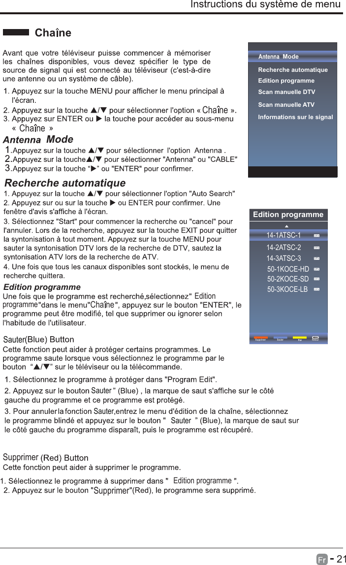 Edition programmeEdition programmeEdition 14-1ATSC-114-2ATSC-214-3ATSC-350-1KOCE-HD50-2KOCE-SD50-3KOCE-LB21Cha neCha neCha neCha neModeModeRecherche automatiqueRecherche automatiqueEdition programmeScan manuelle DTVScan manuelle ATVInformations sur le signalSupprimerSupprimerSupprimerSauterSauterSauterSauterSauterRetourprogrammeEdition programme