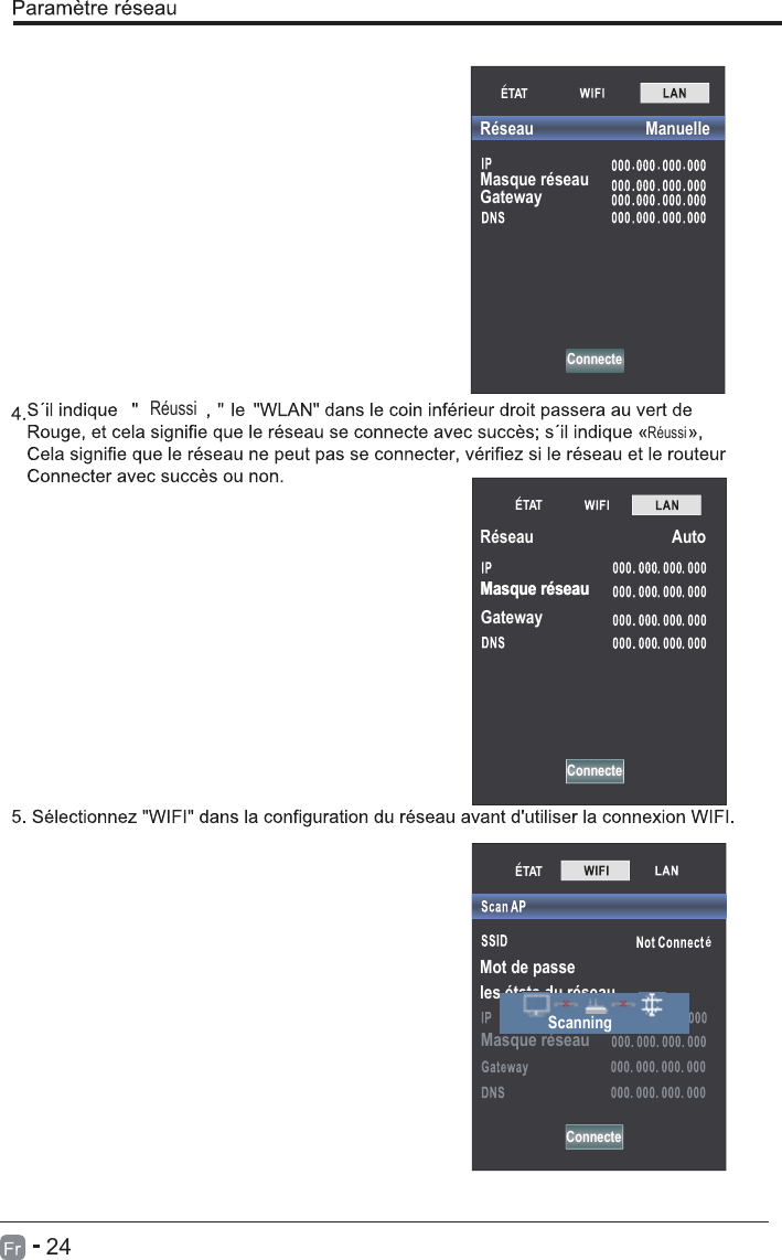 24ETATConnecteRéussiRéussiConnecteMasque réseauRéseauRéseaules états du réseauMot de passeMasque réseauGatewayMasque réseauMasque réseauGatewayManuelleAutoETATETATéConnecteScanning