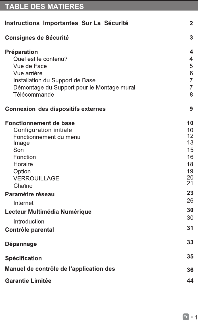 HoraireCha ne Configuration initiale 121320212623303031333536441516Instructions  Importantes  Sur La  Sécurlté  des dispositifs externesManuel de contrôle de l&apos;application des