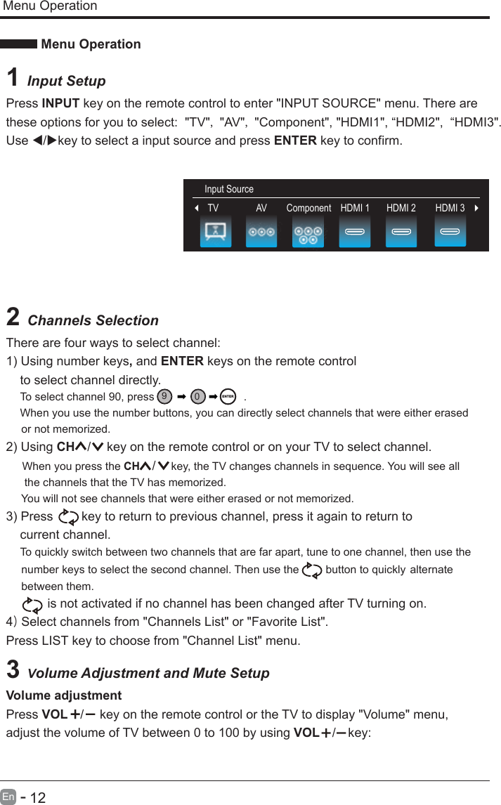       12En  -    Menu Operation Menu Operation1 Input SetupPress INPUT key on the remote control to enter &quot;INPUT SOURCE&quot; menu. There arethese options for you to select:  &quot;TV&quot;, &quot;AV&quot;, &quot;Component&quot;, &quot;HDMI1&quot;, “HDMI2&quot;,  “HDMI3&quot;.Use /key to select a input source and press ENTER key to confirm.2 Channels SelectionThere are four ways to select channel:1) Using number keys, and ENTER keys on the remote control     to select channel directly.    To select channel 90, press                             .    When you use the number buttons, you can directly select channels that were either erased      or not memorized. 2) Using CH /  key on the remote control or on your TV to select channel.    When you press the CH / key, the TV changes channels in sequence. You will see all      the channels that the TV has memorized.     You will not see channels that were either erased or not memorized. 3) Press   key to return to previous channel, press it again to return to     current channel.    To quickly switch between two channels that are far apart, tune to one channel, then use the      number keys to select the second channel. Then use the  button to quickly      between them.     alternate        is not activated if no channel has been changed after TV turning on.4) Select channels from &quot;Channels List&quot; or &quot;Favorite List&quot;.Press LIST key to choose from &quot;Channel List&quot; menu.3 Volume Adjustment and Mute SetupVolume adjustmentPress VOL /  key on the remote control or the TV to display &quot;Volume&quot; menu, adjust the volume of TV between 0 to 100 by using VOL / key:Input Source90ENT ERInput SourceTV HDMI 2 HDMI 3AV Component HDMI 1