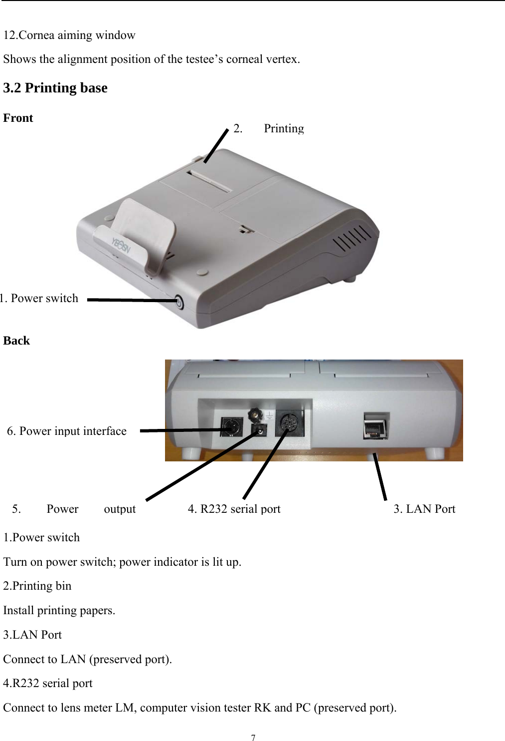  7  12.Cornea aiming window Shows the alignment position of the testee&rsquo;s corneal vertex. 3.2 Printing base Front         Back        1.Power switch Turn on power switch; power indicator is lit up. 2.Printing bin Install printing papers. 3.LAN Port Connect to LAN (preserved port). 4.R232 serial port Connect to lens meter LM, computer vision tester RK and PC (preserved port). 2. Printing 1. Power switch 6. Power input interface5. Power output4. R232 serial port 3. LAN Port
