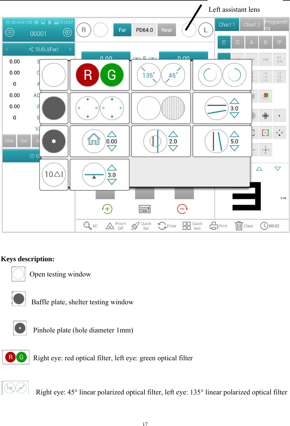   17    Keys description:   Open testing window       Baffle plate, shelter testing window           Pinhole plate (hole diameter 1mm)           Right eye: red optical filter, left eye: green optical filter      Right eye: 45&deg; linear polarized optical filter, left eye: 135&deg; linear polarized optical filter  Left assistant lens 