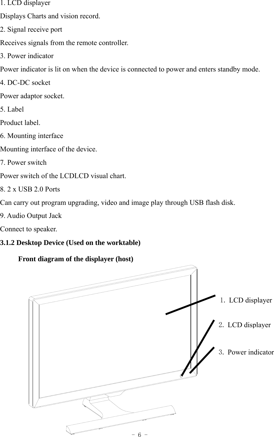  - 6 - 1. LCD displayer Displays Charts and vision record. 2. Signal receive port Receives signals from the remote controller. 3. Power indicator Power indicator is lit on when the device is connected to power and enters standby mode. 4. DC-DC socket Power adaptor socket. 5. Label Product label. 6. Mounting interface Mounting interface of the device. 7. Power switch Power switch of the LCDLCD visual chart. 8. 2 x USB 2.0 Ports Can carry out program upgrading, video and image play through USB flash disk. 9. Audio Output Jack Connect to speaker. 3.1.2 Desktop Device (Used on the worktable)           Front diagram of the displayer (host)            1. LCD displayer2. LCD displayer3. Power indicator