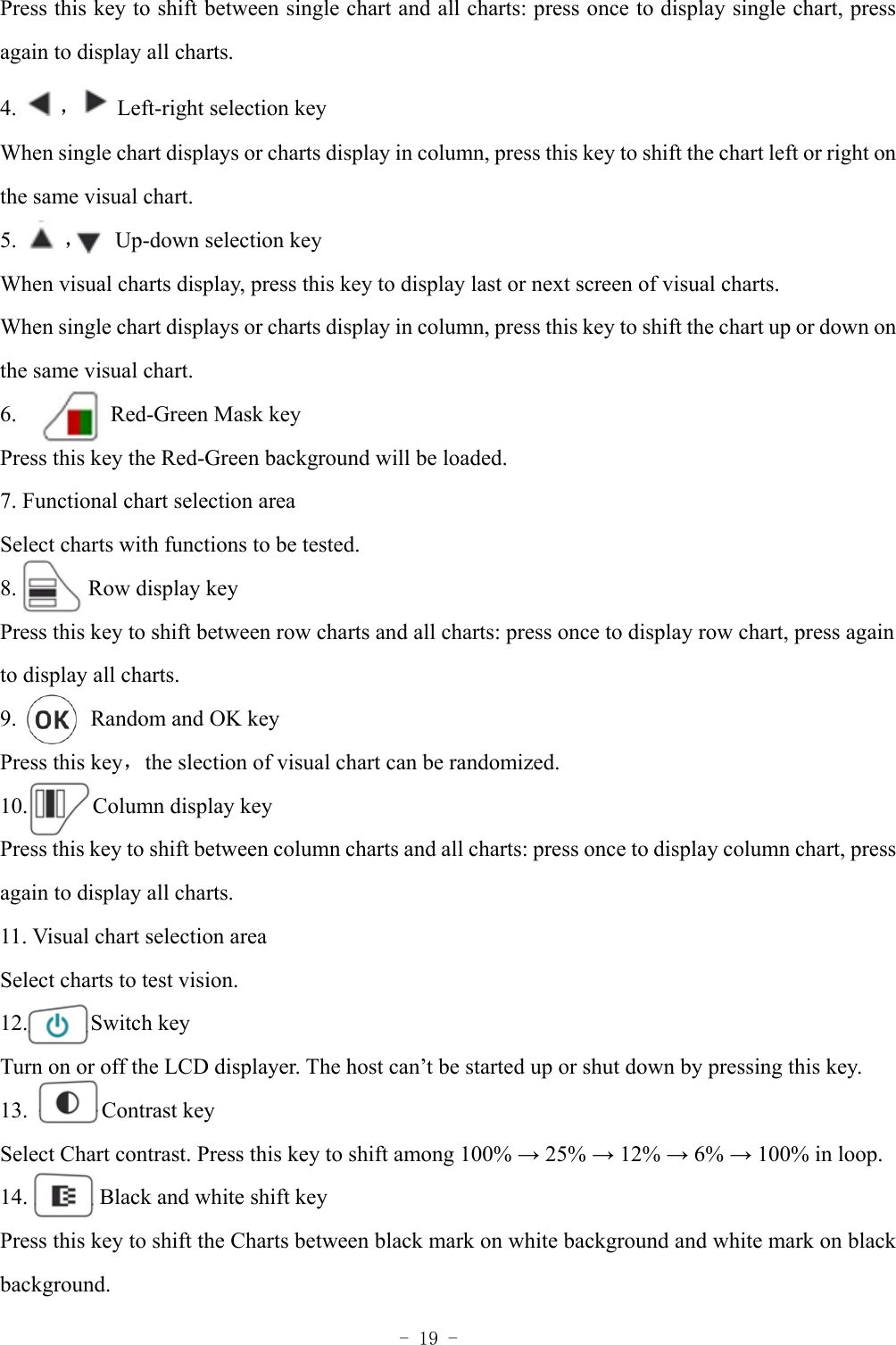  - 19 - Press this key to shift between single chart and all charts: press once to display single chart, press again to display all charts. 4.  ，    Left-right selection key When single chart displays or charts display in column, press this key to shift the chart left or right on the same visual chart. 5.     ，      Up-down selection key When visual charts display, press this key to display last or next screen of visual charts. When single chart displays or charts display in column, press this key to shift the chart up or down on   the same visual chart. 6.         Red-Green Mask key Press this key the Red-Green background will be loaded. 7. Functional chart selection area Select charts with functions to be tested. 8.        Row display key Press this key to shift between row charts and all charts: press once to display row chart, press again   to display all charts. 9.        Random and OK key Press this key，the slection of visual chart can be randomized.   10.       Column display key Press this key to shift between column charts and all charts: press once to display column chart, press again to display all charts. 11. Visual chart selection area Select charts to test vision. 12.       Switch key Turn on or off the LCD displayer. The host can&rsquo;t be started up or shut down by pressing this key. 13.        Contrast key Select Chart contrast. Press this key to shift among 100% &rarr; 25% &rarr; 12% &rarr; 6% &rarr; 100% in loop. 14.        Black and white shift key Press this key to shift the Charts between black mark on white background and white mark on black background. 