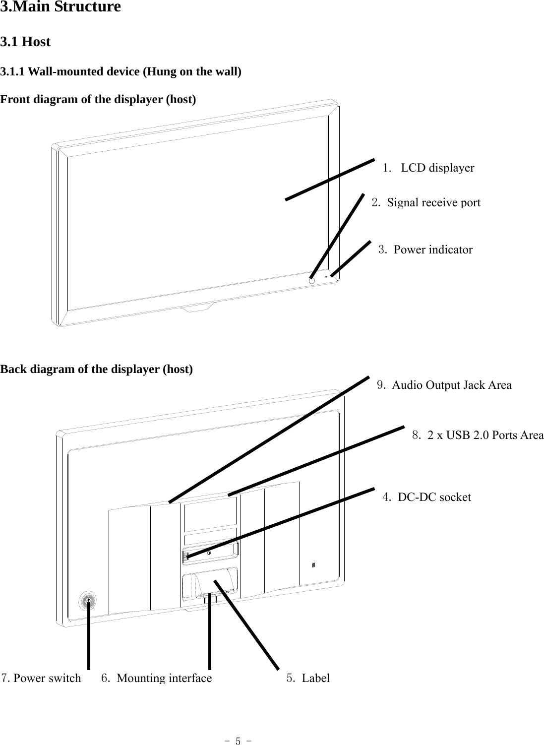  - 5 - 3.Main Structure 3.1 Host 3.1.1 Wall-mounted device (Hung on the wall) Front diagram of the displayer (host)           Back diagram of the displayer (host)               1. LCD displayer6. Mounting interface4. DC-DC socket5. Label2. Signal receive port3. Power indicator7.Power switch9. Audio Output JackArea8. 2 x USB 2.0 Ports Area