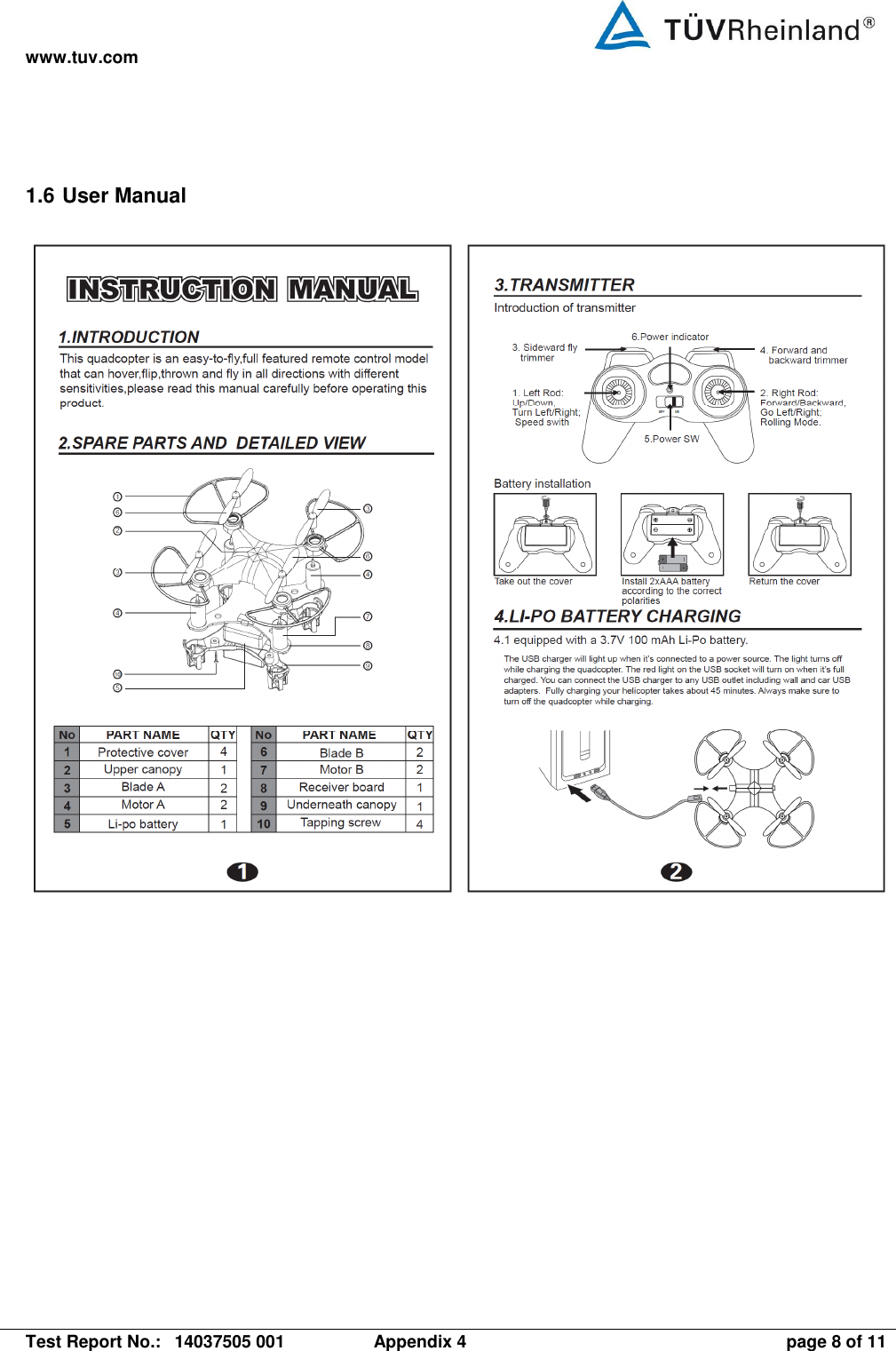 www.tuv.com   Test Report No.:  14037505 001  Appendix 4  page 8 of 11 1.6 User Manual  