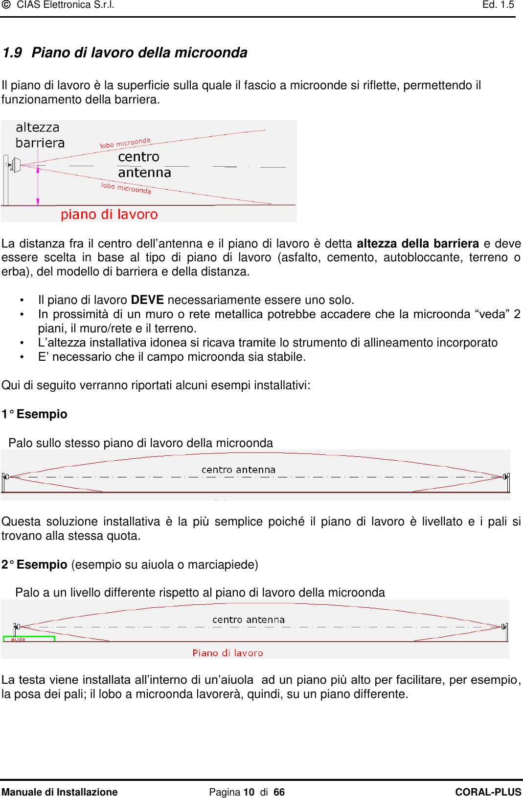   CIAS Elettronica S.r.l.    Ed. 1.5 Manuale di Installazione  Pagina 10  di  66 CORAL-PLUS    1.9  Piano di lavoro della microonda  Il piano di lavoro è la superficie sulla quale il fascio a microonde si riflette, permettendo il funzionamento della barriera.    La distanza fra il centro dell‟antenna e il piano di lavoro è detta altezza della barriera e deve essere  scelta  in  base  al  tipo  di  piano  di  lavoro  (asfalto,  cemento,  autobloccante,  terreno  o erba), del modello di barriera e della distanza.  •  Il piano di lavoro DEVE necessariamente essere uno solo. • In prossimità di un muro o rete metallica potrebbe accadere che la microonda “veda” 2 piani, il muro/rete e il terreno. • L‟altezza installativa idonea si ricava tramite lo strumento di allineamento incorporato          • E‟ necessario che il campo microonda sia stabile.  Qui di seguito verranno riportati alcuni esempi installativi:   1° Esempio       Palo sullo stesso piano di lavoro della microonda   Questa  soluzione  installativa  è la  più  semplice  poiché  il piano  di  lavoro  è livellato  e i  pali si trovano alla stessa quota.  2° Esempio (esempio su aiuola o marciapiede)       Palo a un livello differente rispetto al piano di lavoro della microonda    La testa viene installata all‟interno di un‟aiuola  ad un piano più alto per facilitare, per esempio, la posa dei pali; il lobo a microonda lavorerà, quindi, su un piano differente.     