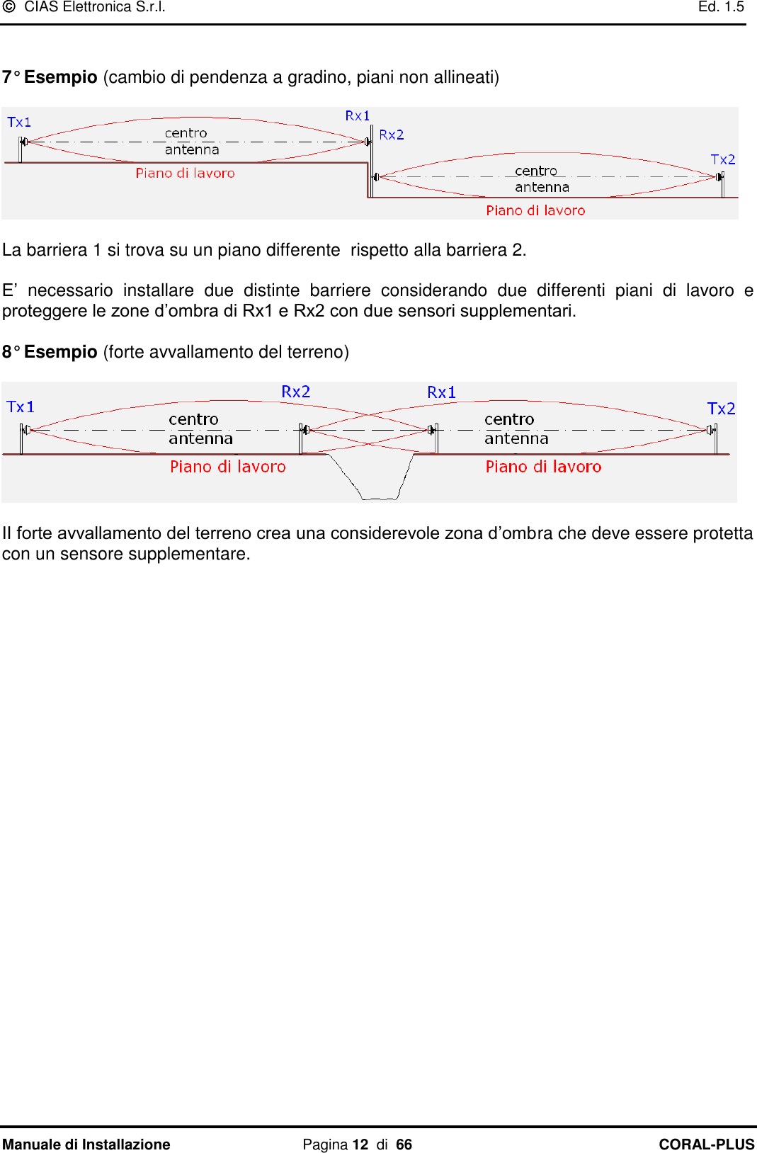   CIAS Elettronica S.r.l.    Ed. 1.5 Manuale di Installazione  Pagina 12  di  66 CORAL-PLUS     7° Esempio (cambio di pendenza a gradino, piani non allineati)    La barriera 1 si trova su un piano differente  rispetto alla barriera 2.  E‟  necessario  installare  due  distinte  barriere  considerando  due  differenti  piani  di  lavoro  e proteggere le zone d‟ombra di Rx1 e Rx2 con due sensori supplementari.  8° Esempio (forte avvallamento del terreno)    II forte avvallamento del terreno crea una considerevole zona d‟ombra che deve essere protetta con un sensore supplementare. 